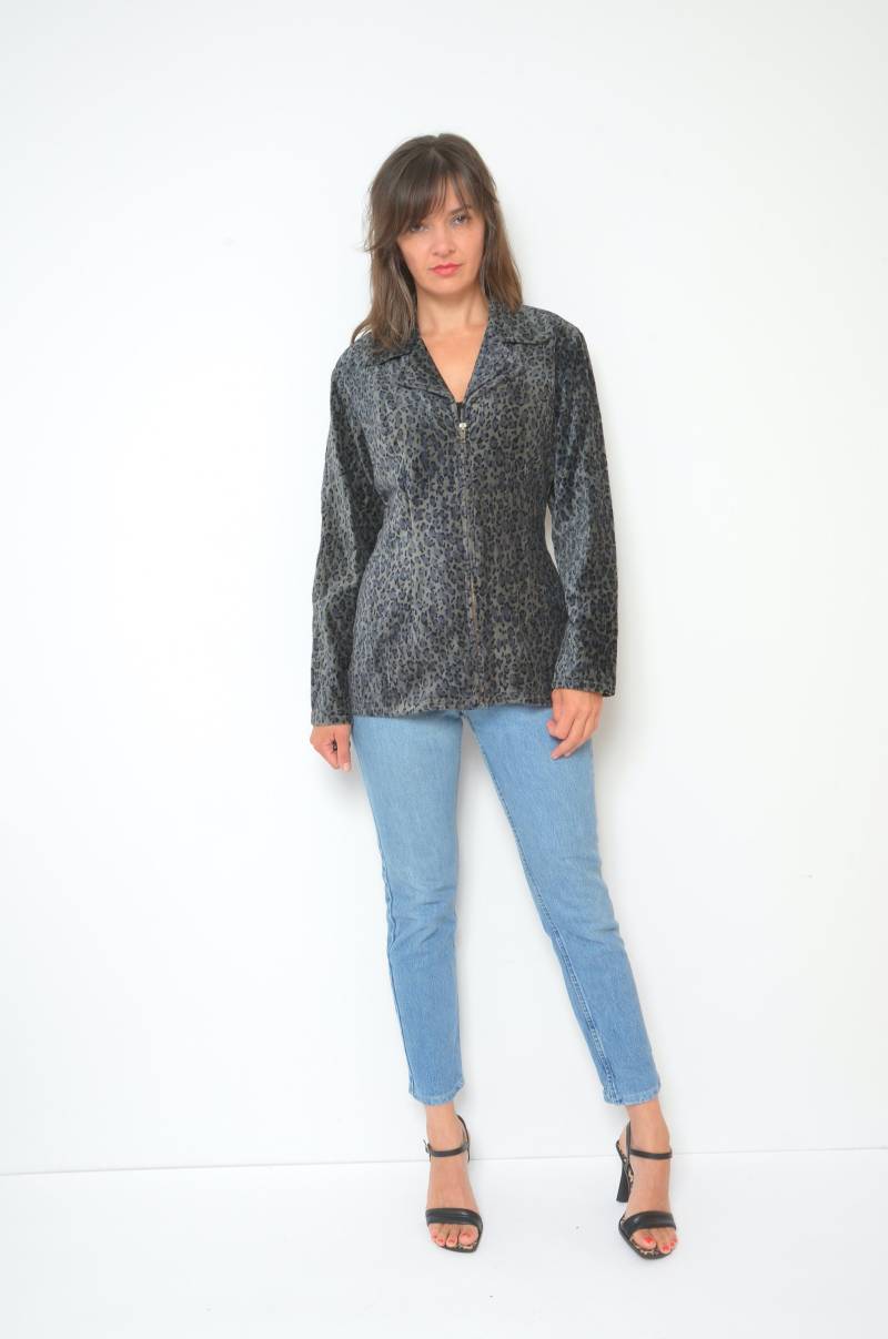 Samt Leopard Jacke/Vintage 90Er Jahre Reißverschluss Animal Print Ausgestattet Blazer - Größe Medium von MikseStudio