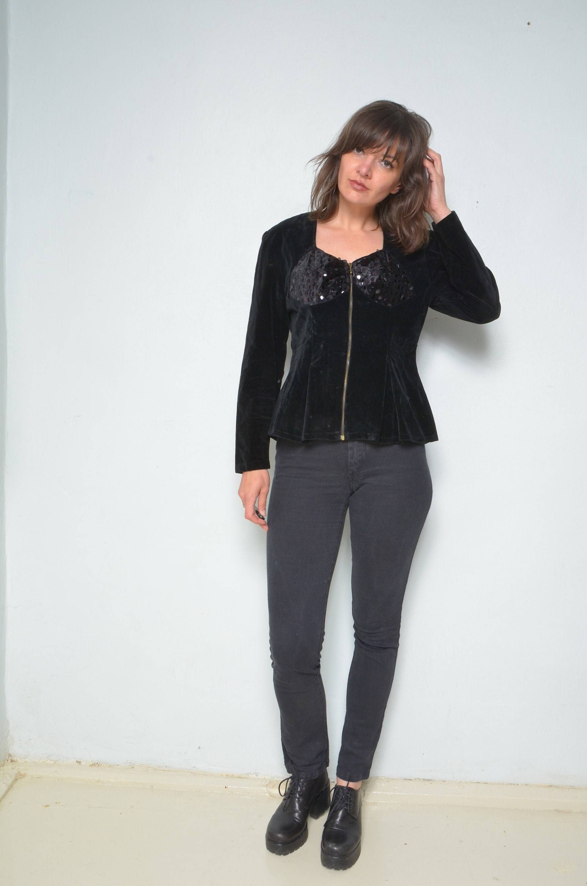 Samt Paillettenbluse/Vintage 80Er Jahre Reißverschluss Schößchen Langarmshirt - Größe Medium von MikseStudio