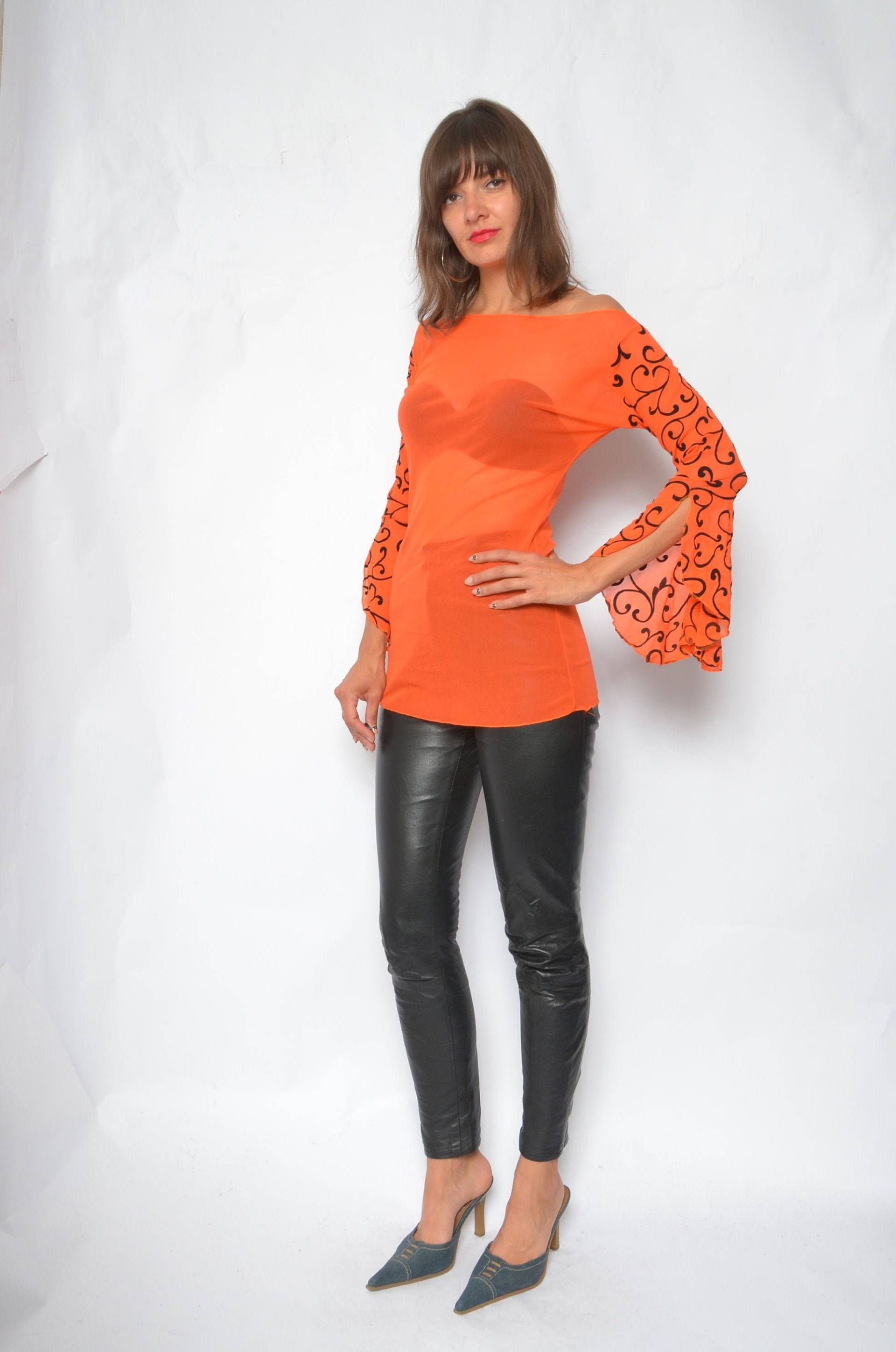 Schiere Mesh Long Top/Vintage 90Er Jahre Abstrakt Print Langarm Durchsichtig Bluse - Größe S 07 20 von MikseStudio