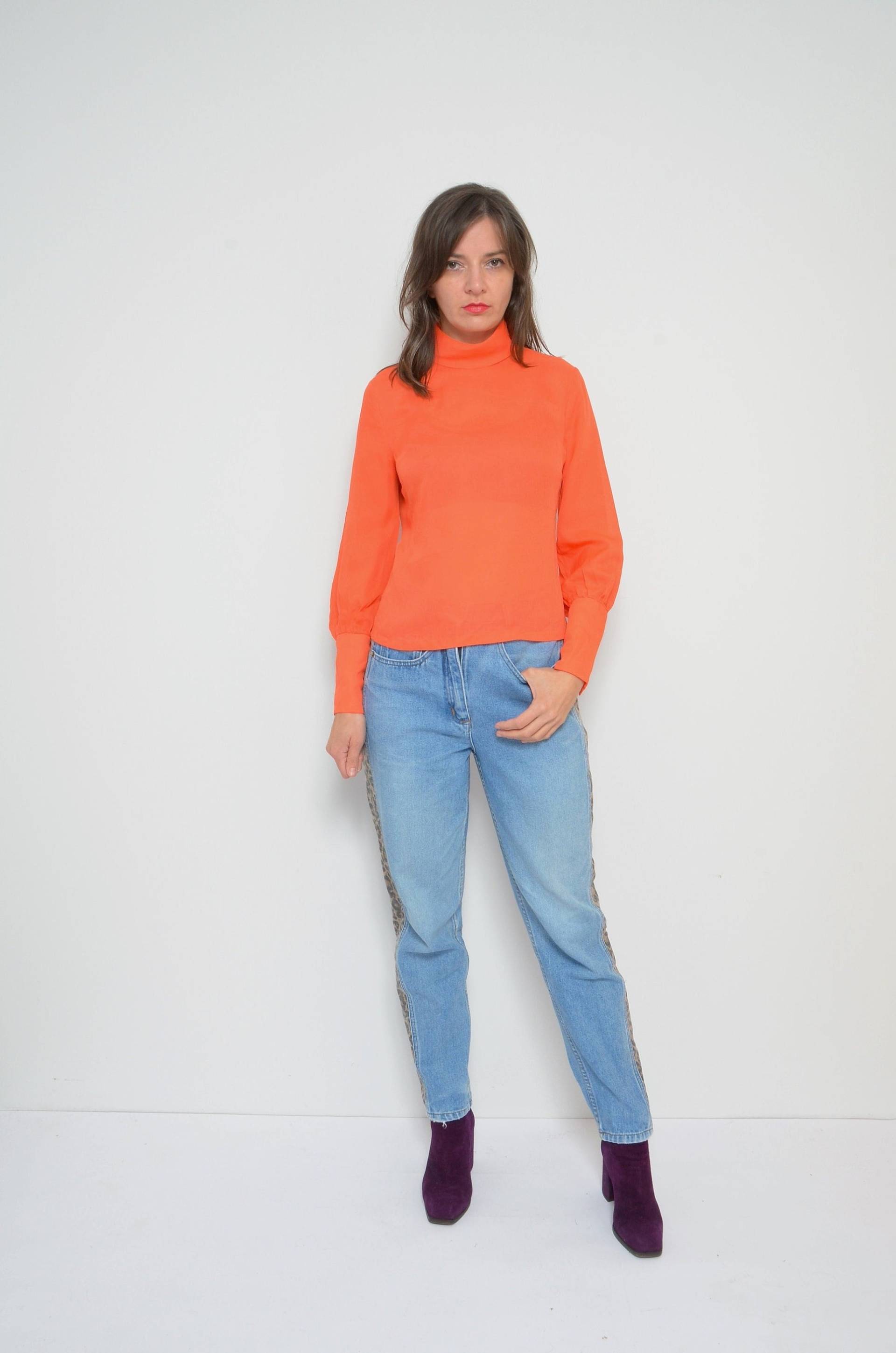 Schiere Mesh Top/Vintage 80Er Jahre Orange High Neck Langarm Durchsichtig Bluse - Größe S von MikseStudio