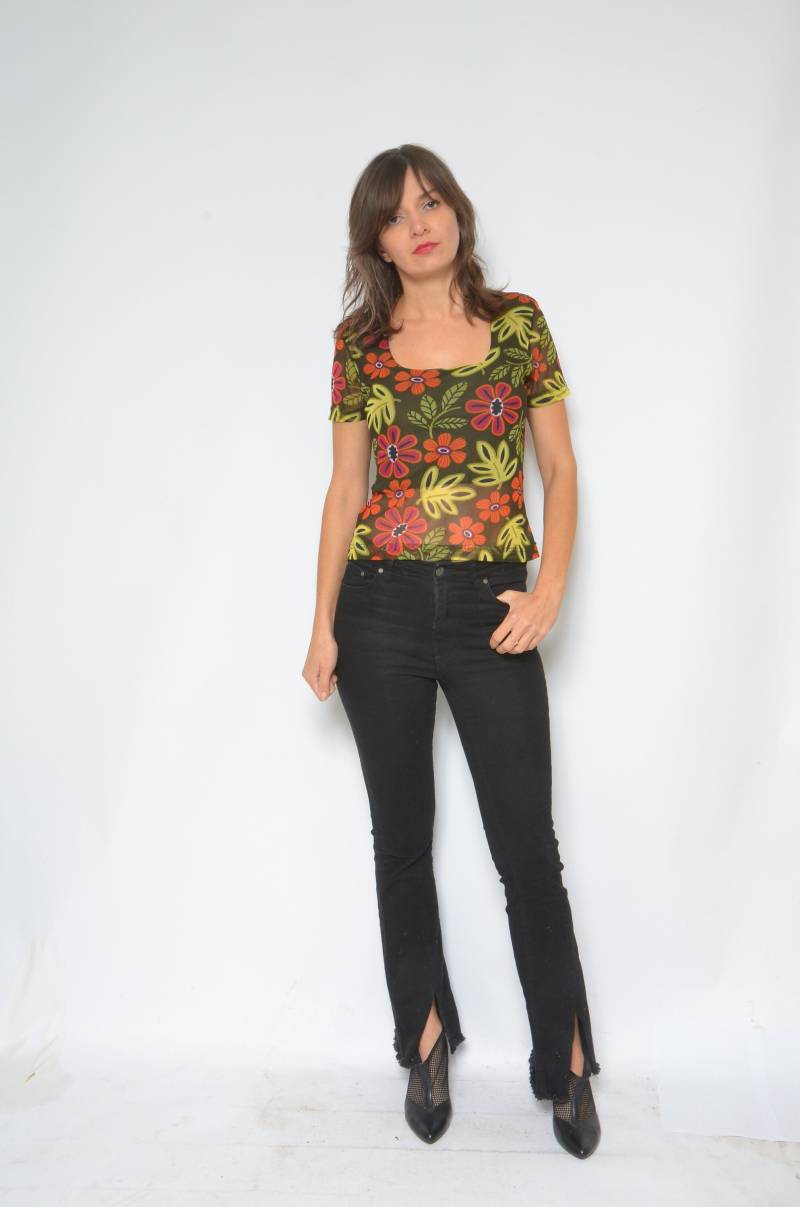 Schiere Mesh Top/Vintage 90Er Jahre Floral Sehen Durch Bunte Kurzarm Bluse - Größe Medium von MikseStudio