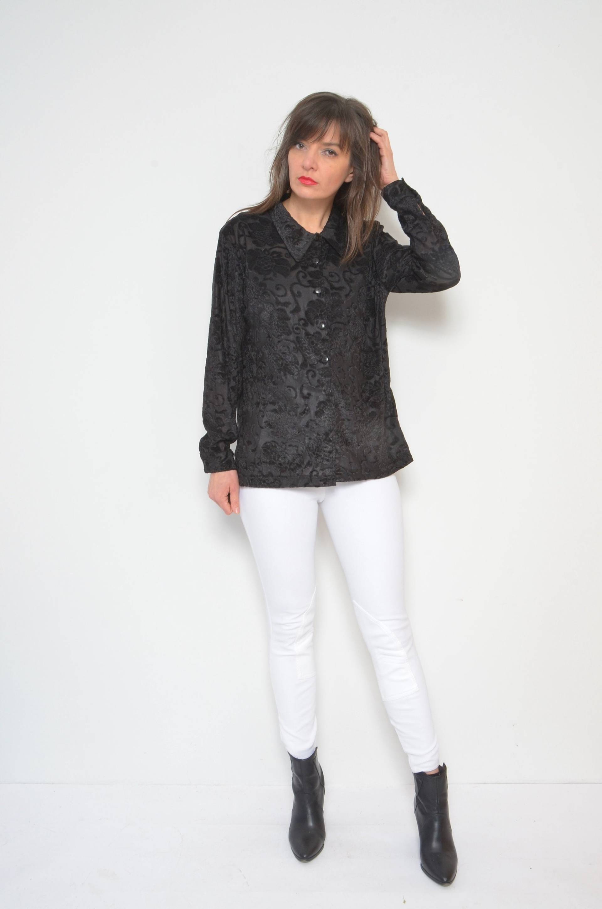 Schlichte Samtbluse/Vintage 90Er Blumen Langarm Durchsichtig Knopf Shirt - Größe Medium von MikseStudio