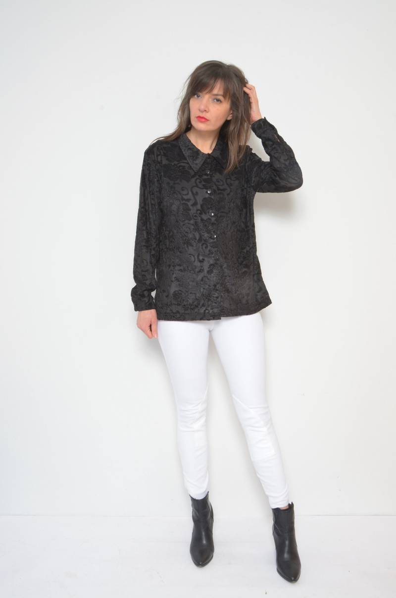Schlichte Samtbluse/Vintage 90Er Blumen Langarm Durchsichtig Knopf Shirt - Größe Medium von MikseStudio