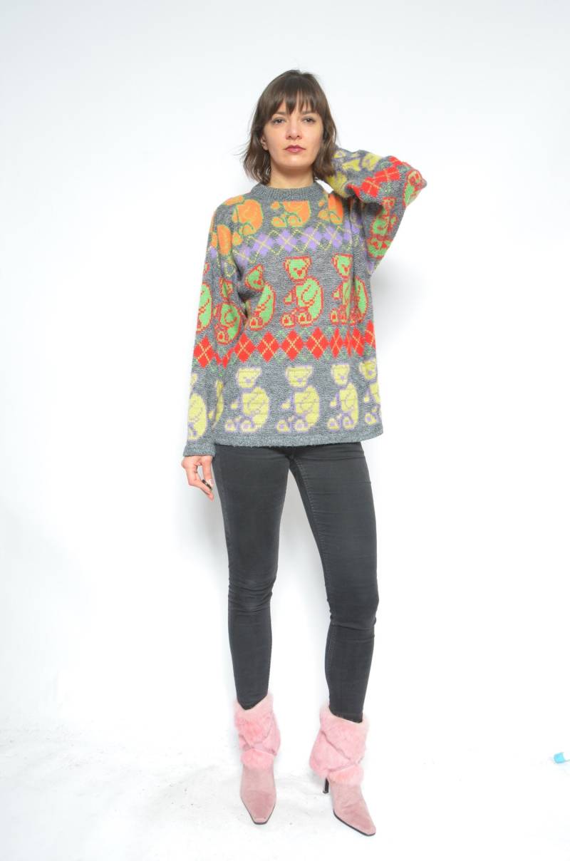 Teddybär Pullover/Vintage 90Er Jahre Bunter Lustiger Hässlicher - Größe von MikseStudio