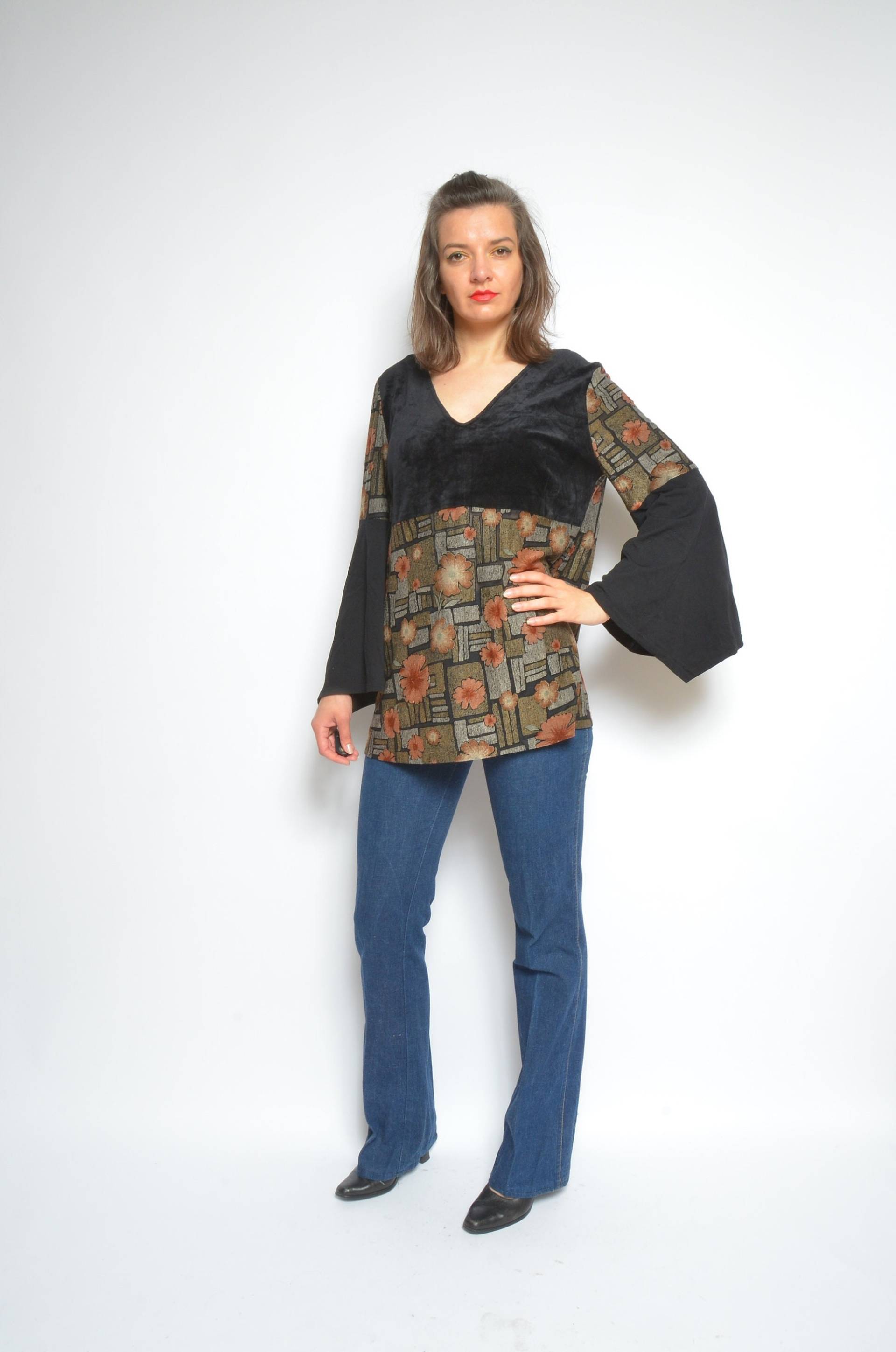 Top Mit Glöckchenärmeln/Vintage 90Er-Jahre-Farbblock-Bluse Aus Samt Engelsärmeln - Größe Groß von MikseStudio