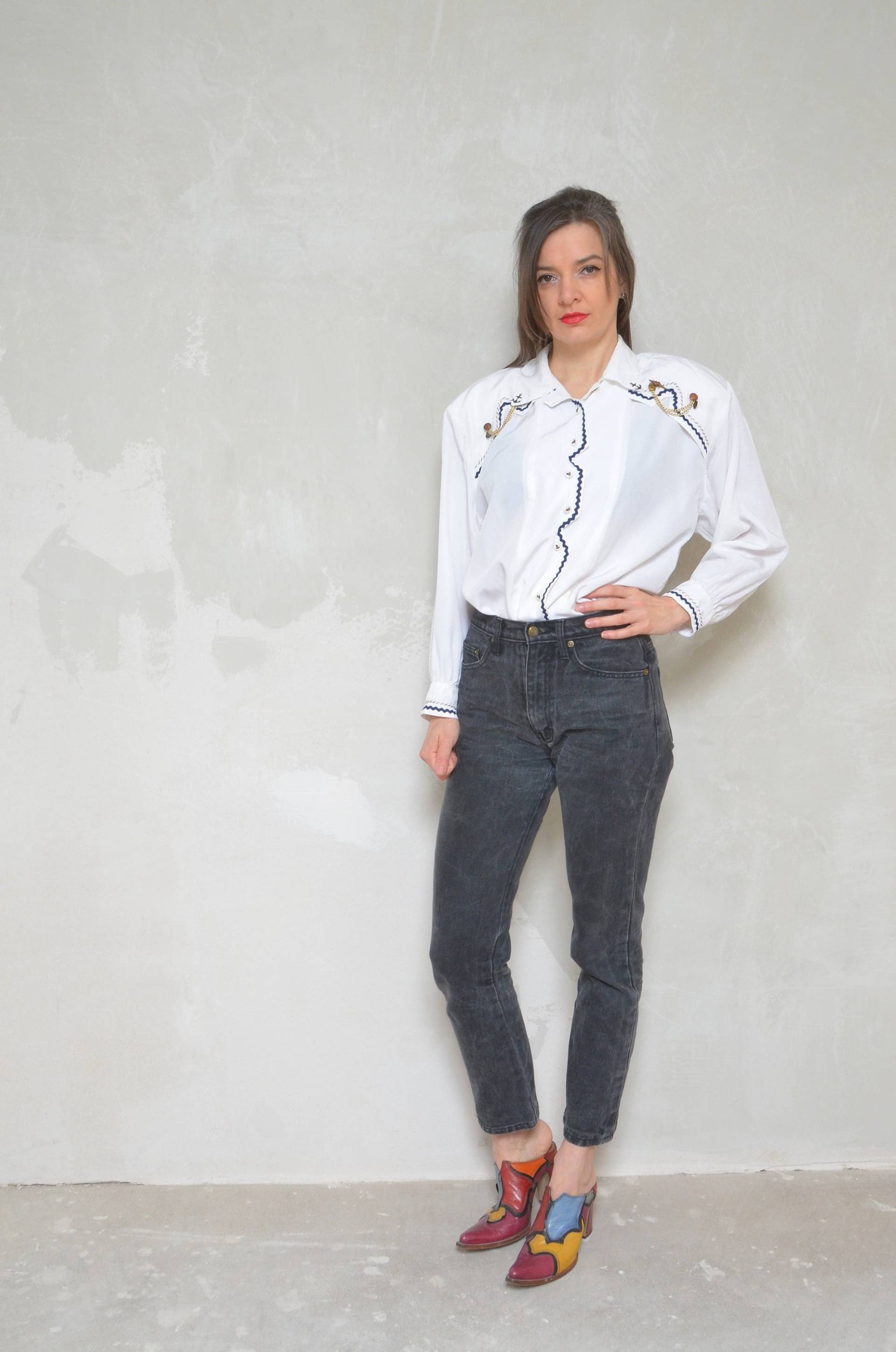 Verschönerte Bluse/Vintage 80Er Jahre Oversized Maritimer Stil Knopf Langarm Shirt - Größe Klein/Medium von MikseStudio