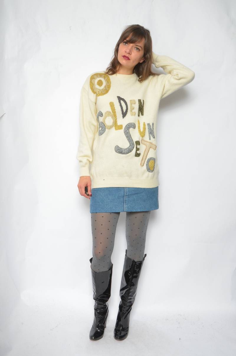 Verzierte Angora Pullover/Vintage 90Er Jahre Metallic Golden Sonnenuntergang Beige Wolle - Größe Medium von MikseStudio