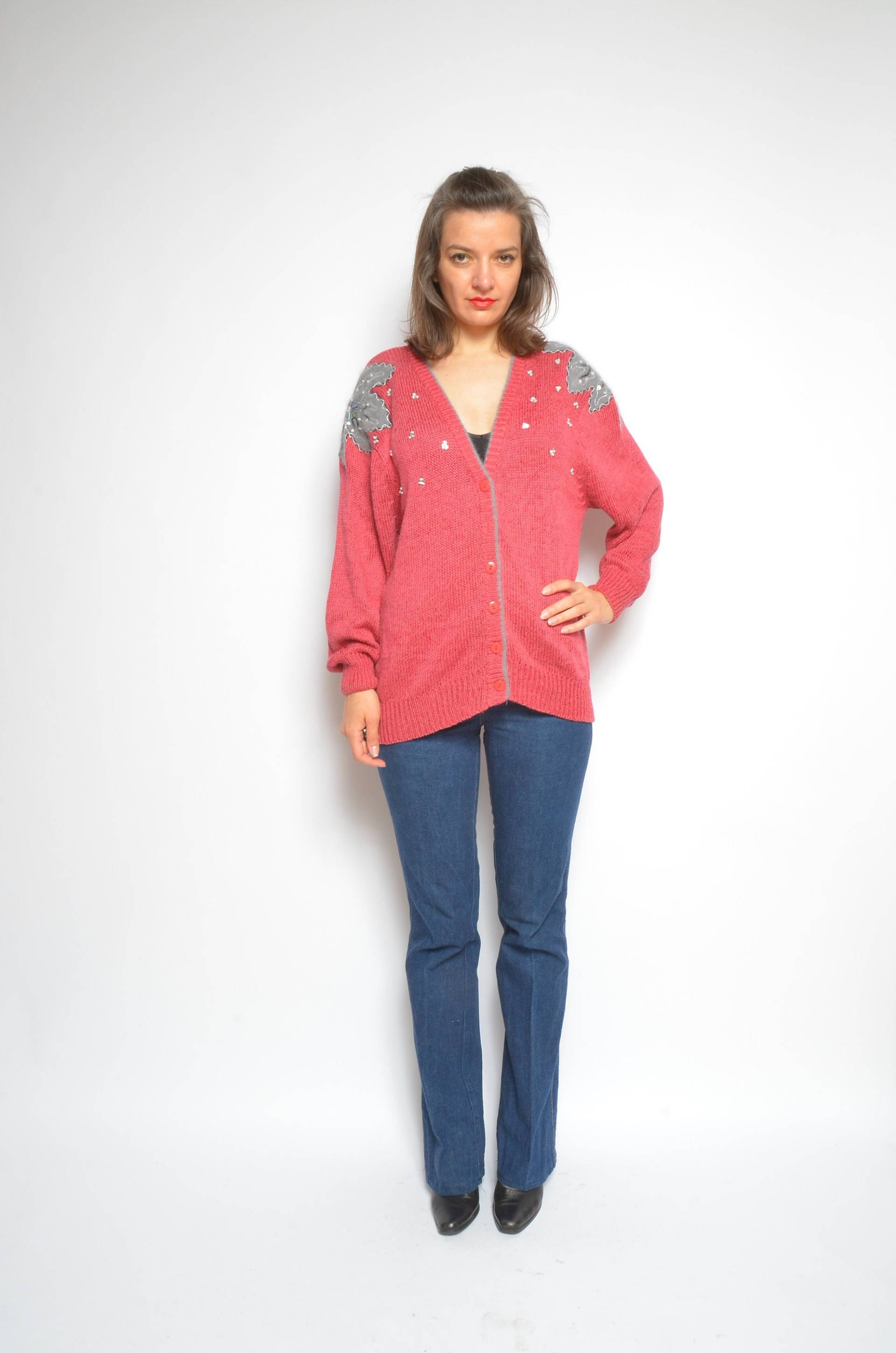 Verzierte Button Strickjacke/Vintage 90Er Jahre Pullover in Pink - Size Large von MikseStudio