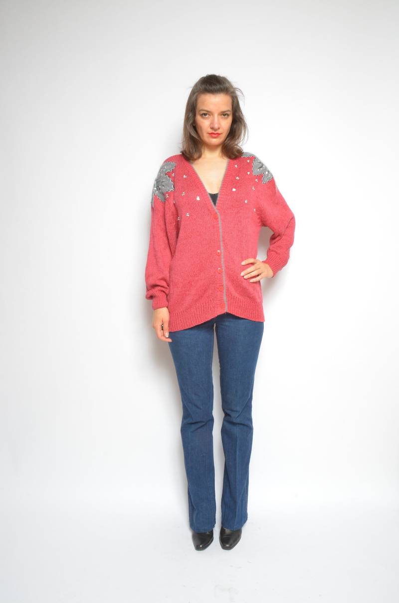 Verzierte Button Strickjacke/Vintage 90Er Jahre Pullover in Pink - Size Large von MikseStudio