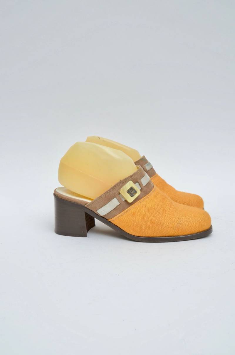 Vintage 1990S Orange Braune Canvas Und Leder Blockabsatz Clogs 07 20 von MikseStudio