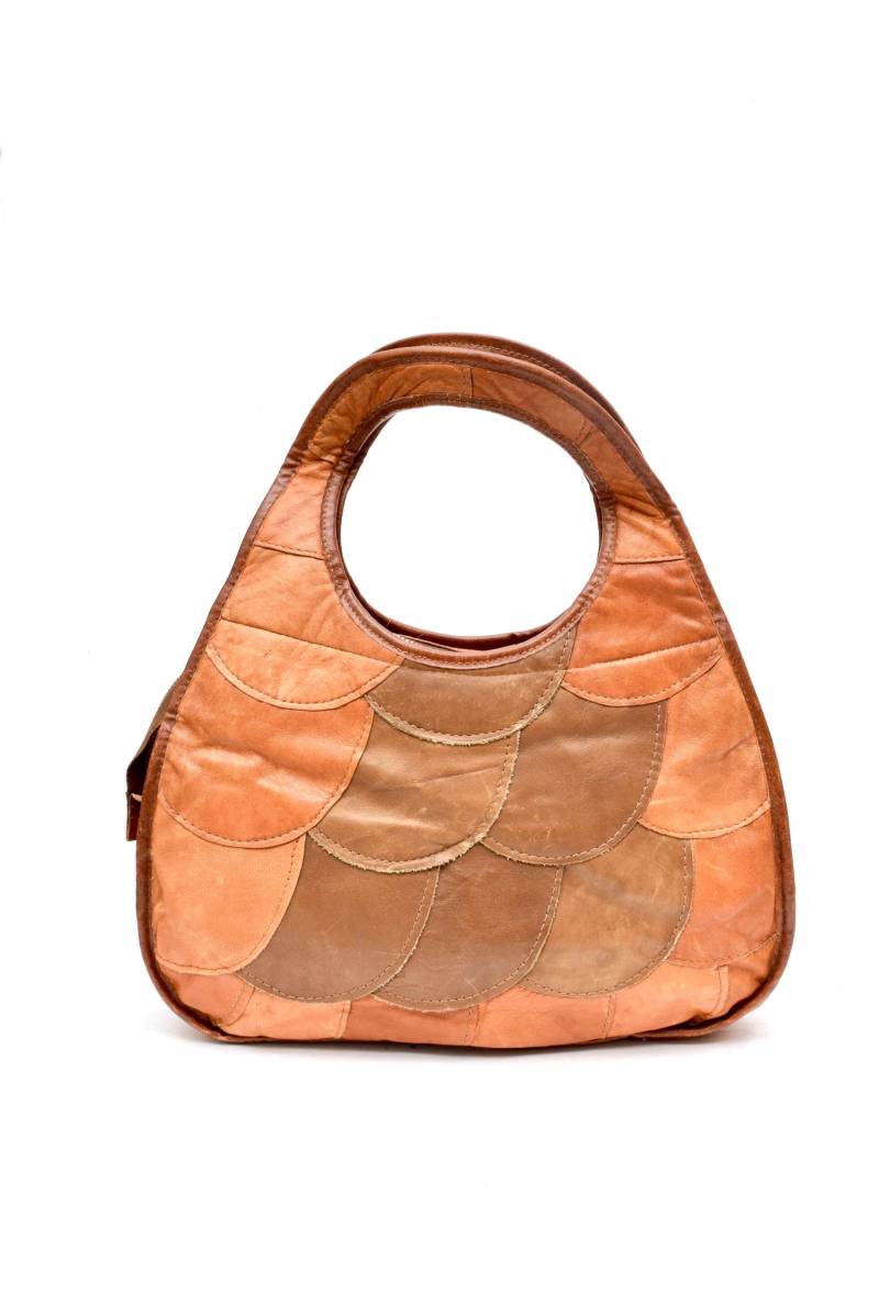 Vintage 70Er Braun Echt Leder Patchwork Doppel Henkel Handtasche 07 20 von MikseStudio