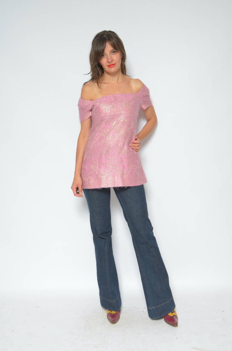 Vintage 70Er Jahre Metallic Kurzarm Bluse/Mit Blumenmuster - Größe Medium von MikseStudio