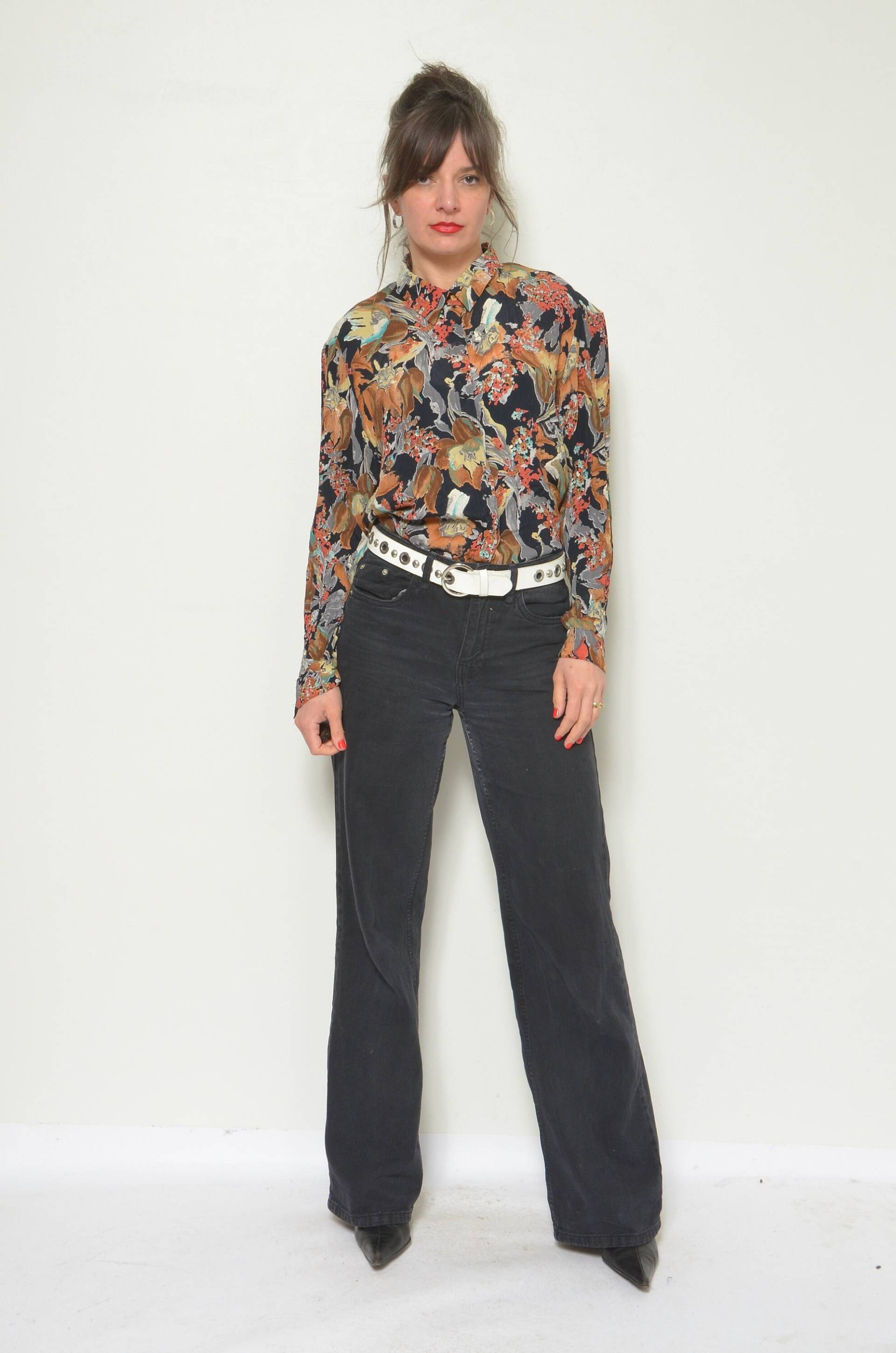 Vintage 80Er Daniel Duval Bluse Mit Abstraktem Blumendruck - Langarm Kragen Und Knöpfen Größe Medium von MikseStudio