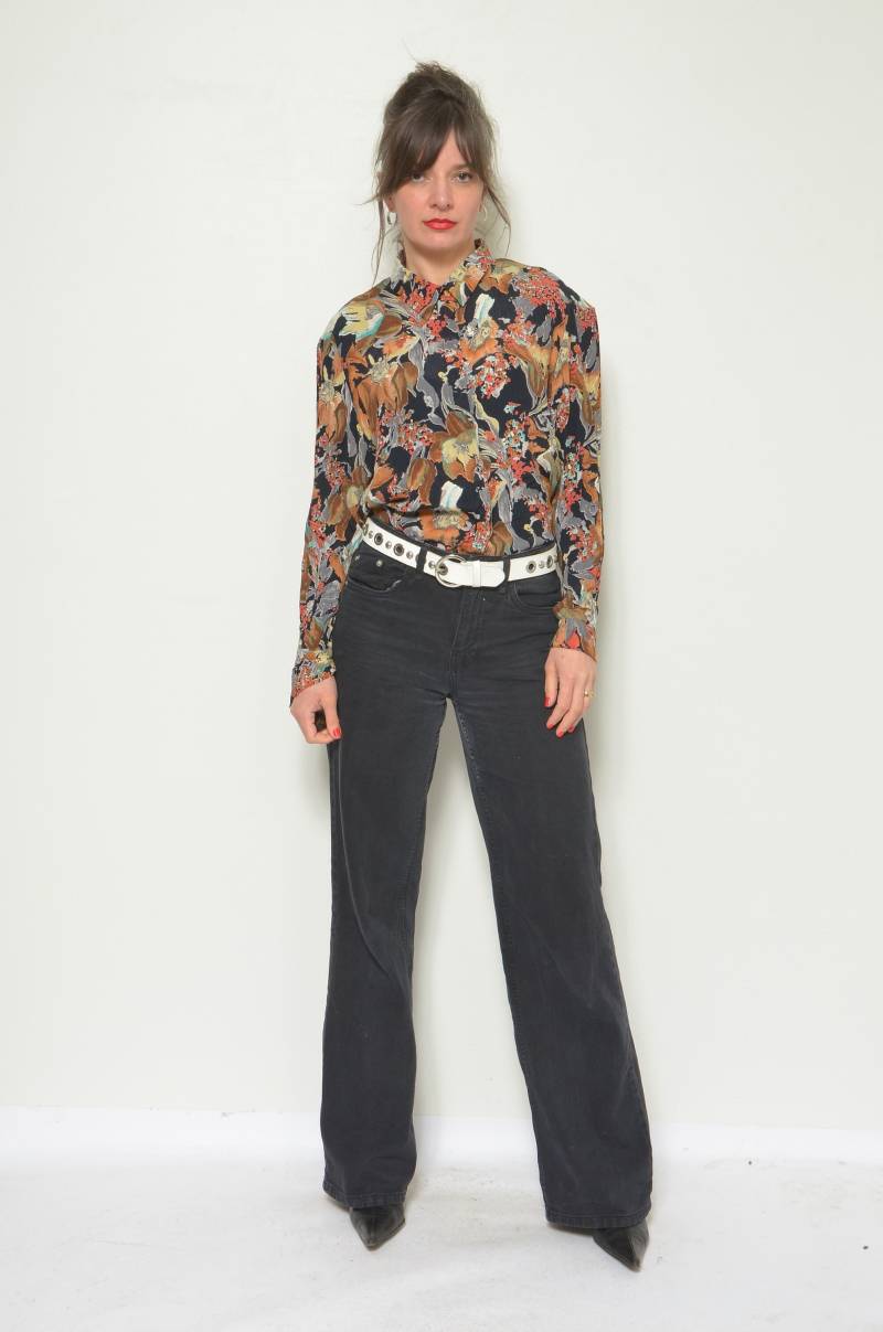 Vintage 80Er Daniel Duval Bluse Mit Abstraktem Blumendruck - Langarm Kragen Und Knöpfen Größe Medium von MikseStudio