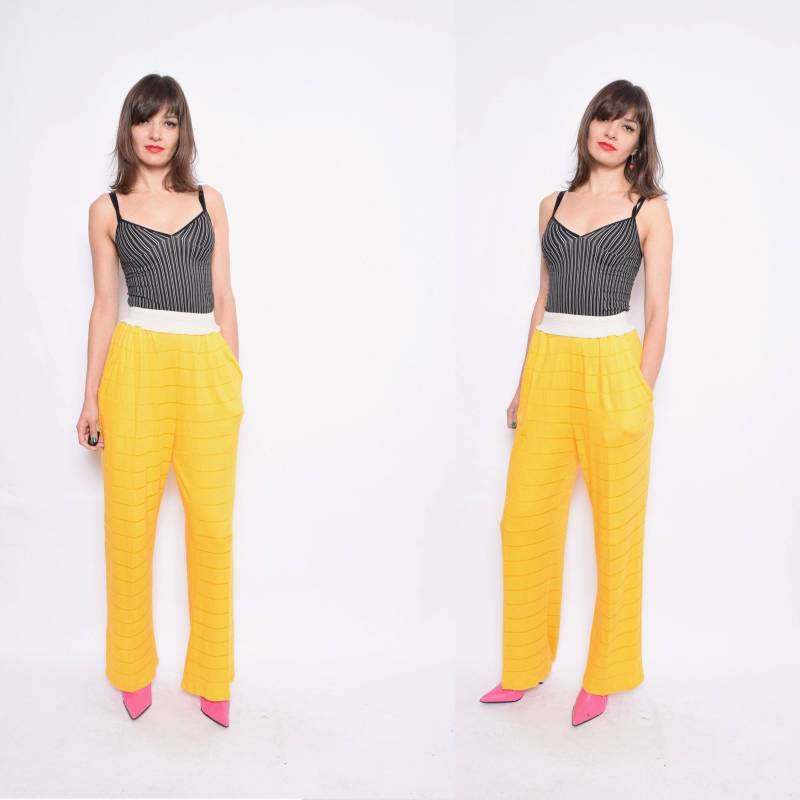 Vintage 80Er Gelbe Hohe Taille Hose/Zitronengelbe Palazzo Mit Weitem Bein - Größe Medium von MikseStudio