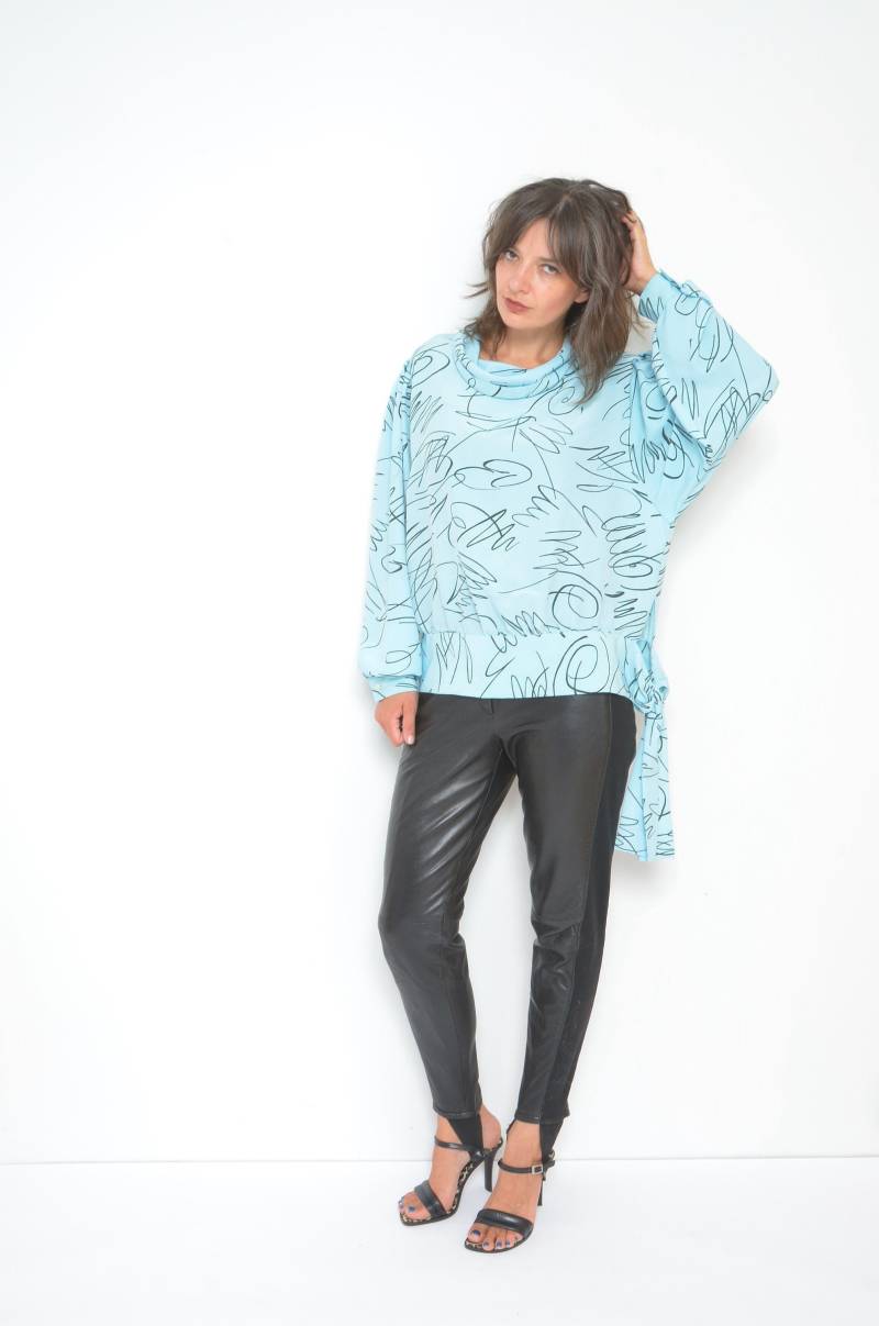 Vintage 80Er Jahre Abstrakt Print Bluse Oversized Langarm Top, Grösse L von MikseStudio