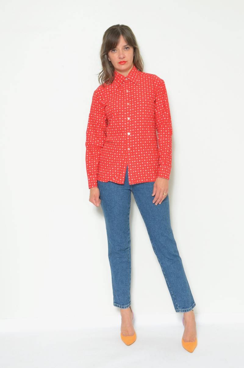 Vintage 80Er Jahre Baumwollbluse Mit Blumenmuster Tailliertes Button-Down-Hemd, Größe S von MikseStudio