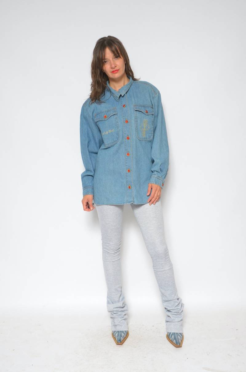 Vintage 80Er Jahre Betty Barclay Jeanshemd Besticktes Acid Wash, Größe L von MikseStudio