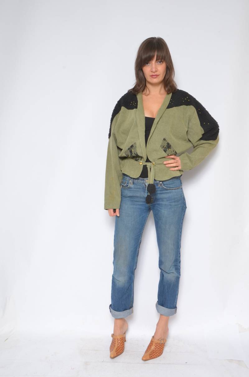 Vintage 80Er Jahre Denim Jeans Jacke Mit Leinen Verzierung Fledermausärmel Blazer - Größe S von MikseStudio