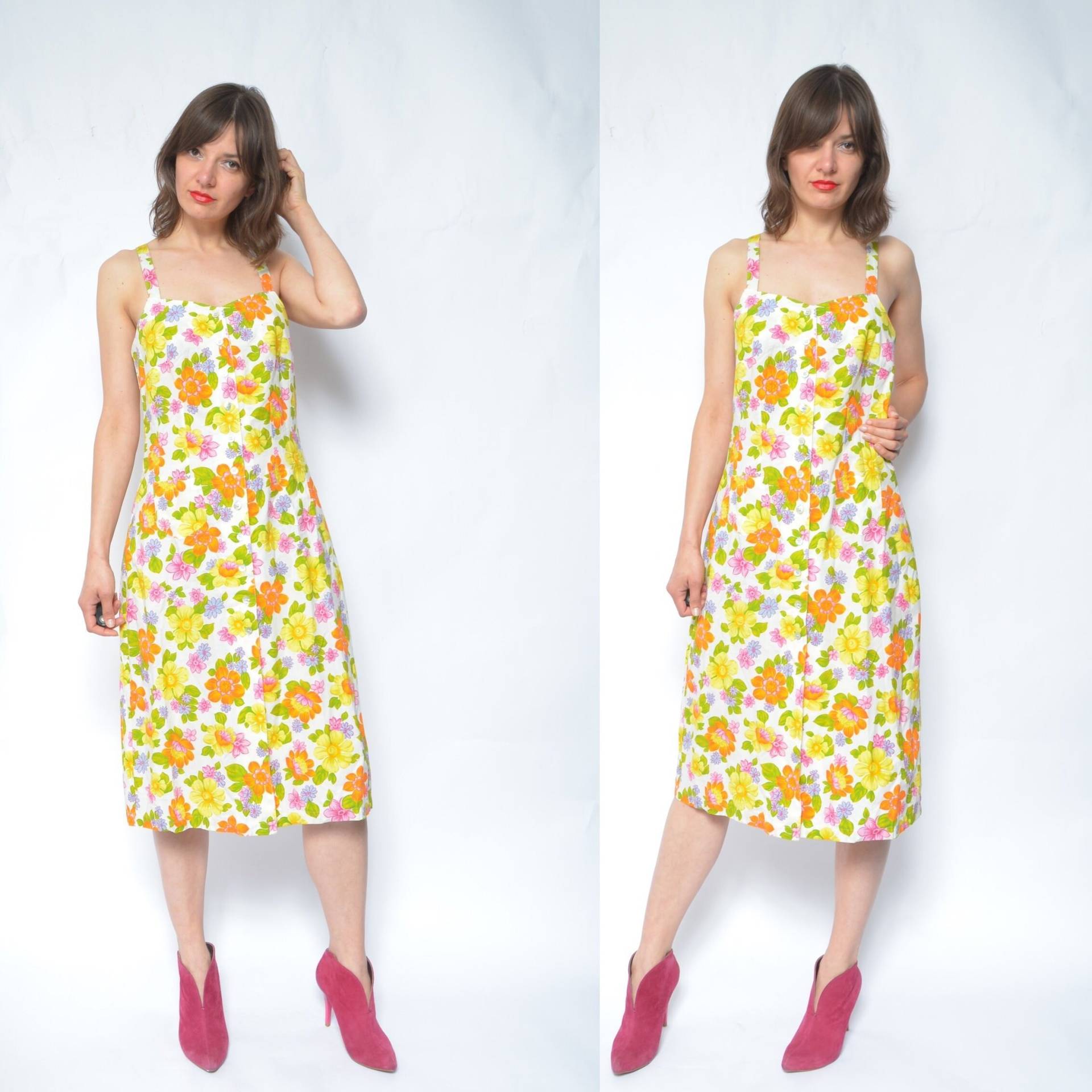 Vintage 80Er Jahre Floral Baumwolle Sommerkleid Weißes Strappy Maxi Kleid, Größe Large von MikseStudio