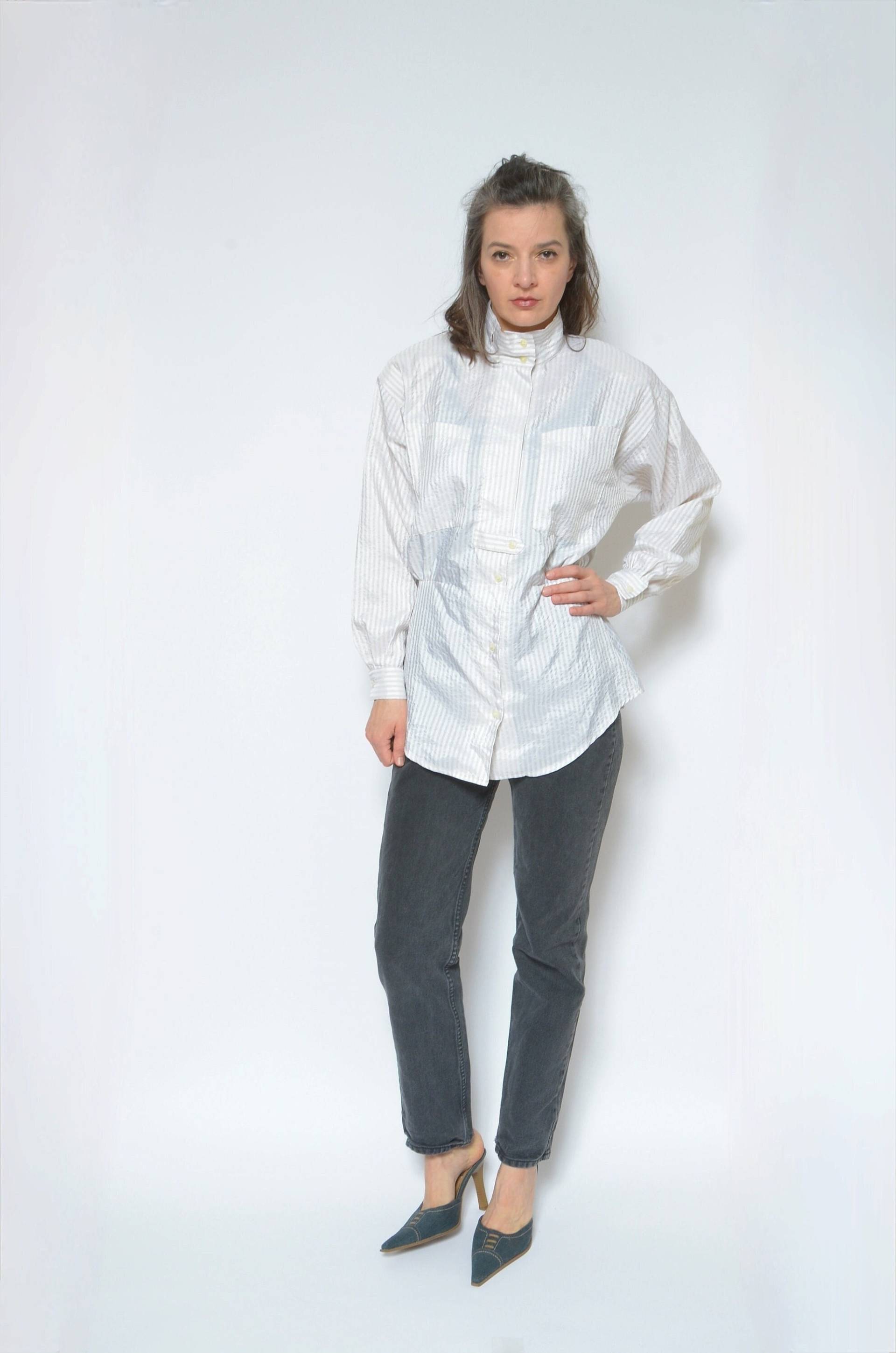 Vintage 80Er Jahre Gestreifte Bluse Mit Großen Ärmeln - Taillierte Taille, Größe S von MikseStudio