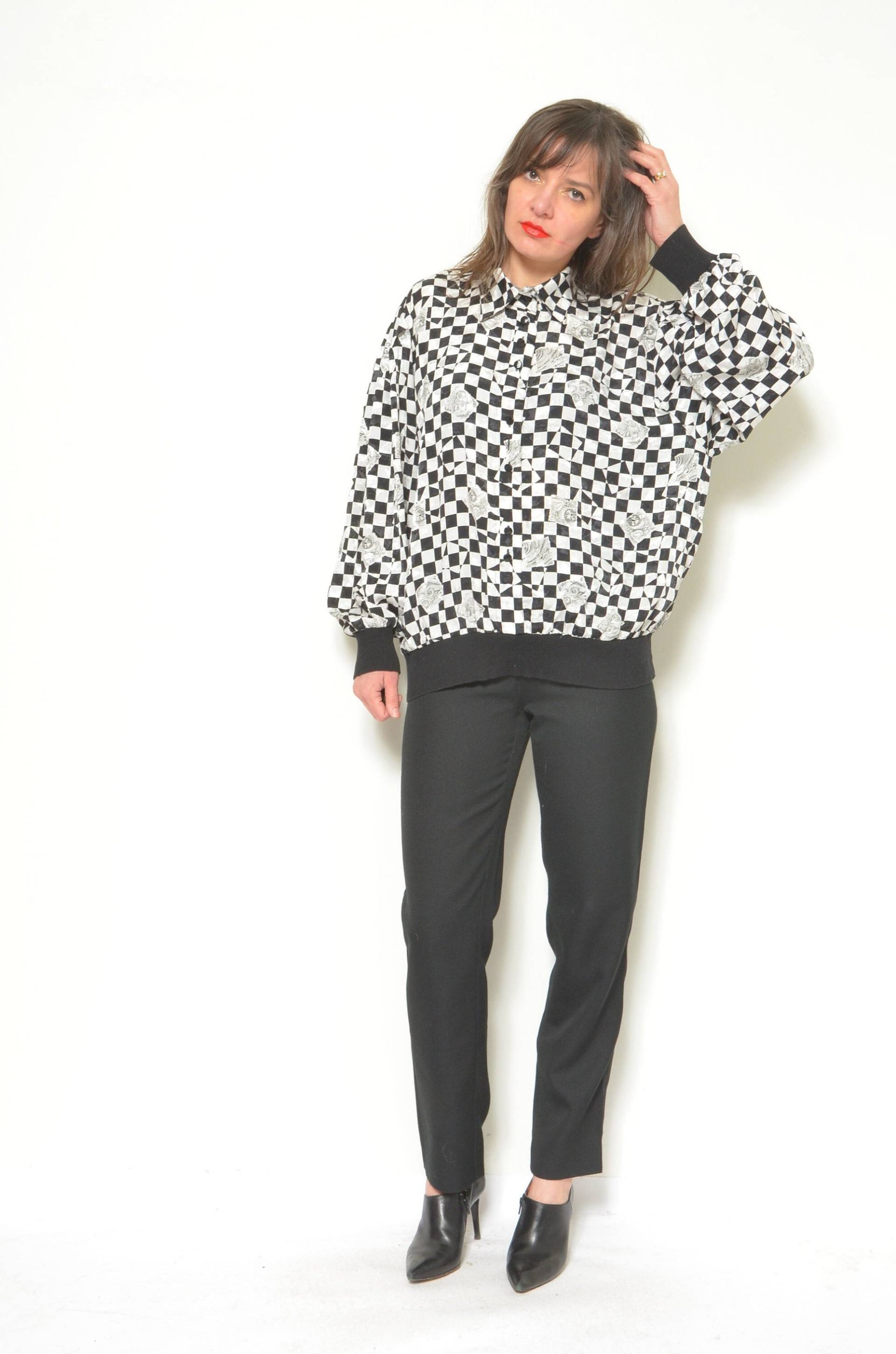 Vintage 80Er Jahre Karierte Satin Bluse/Barock Print Langarm Knopfkragen - Größe L Xl von MikseStudio