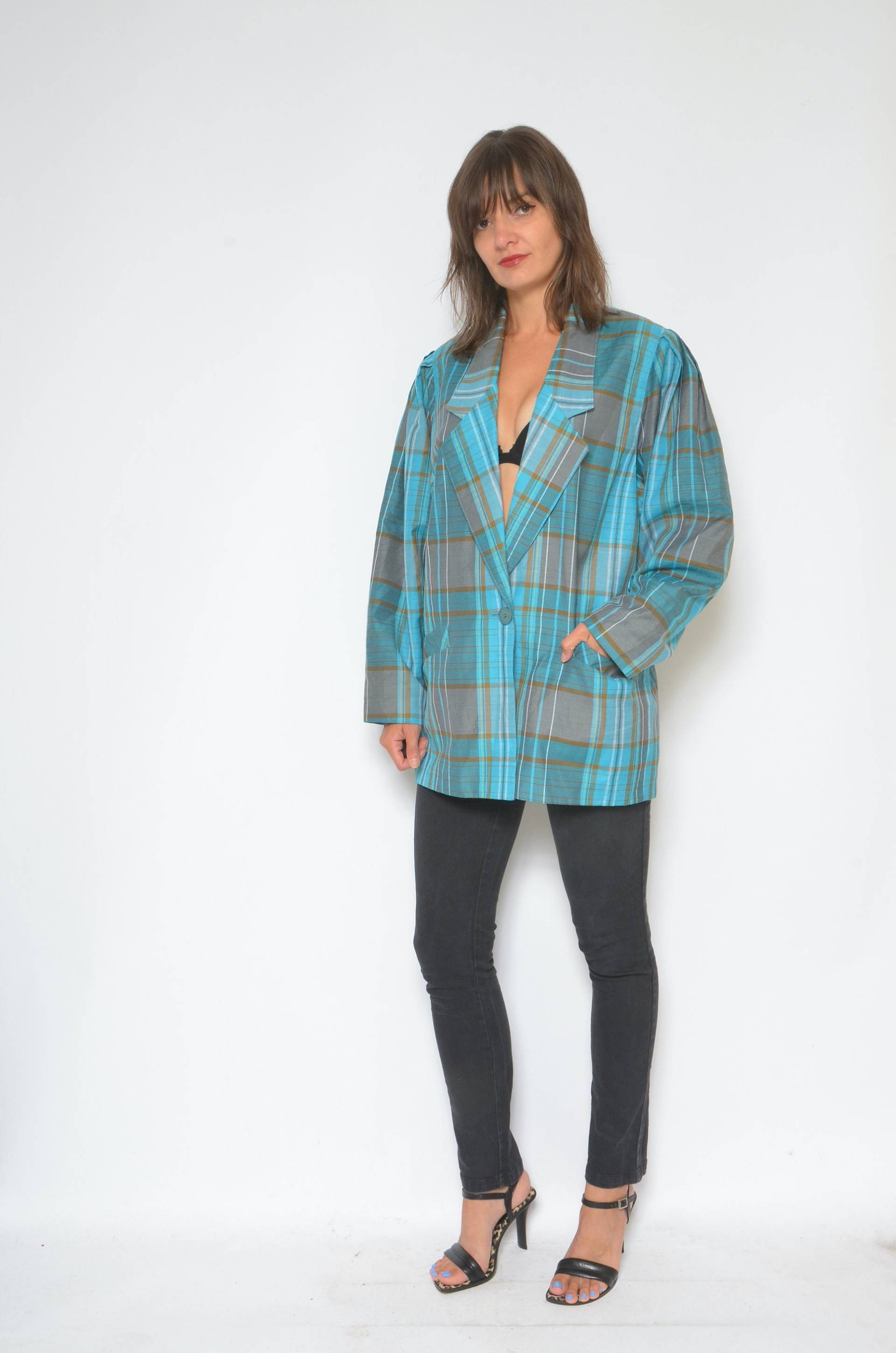 Vintage 80Er Jahre Karierter Leinen Blazer Oversized Taschenjacke, Size Medium von MikseStudio
