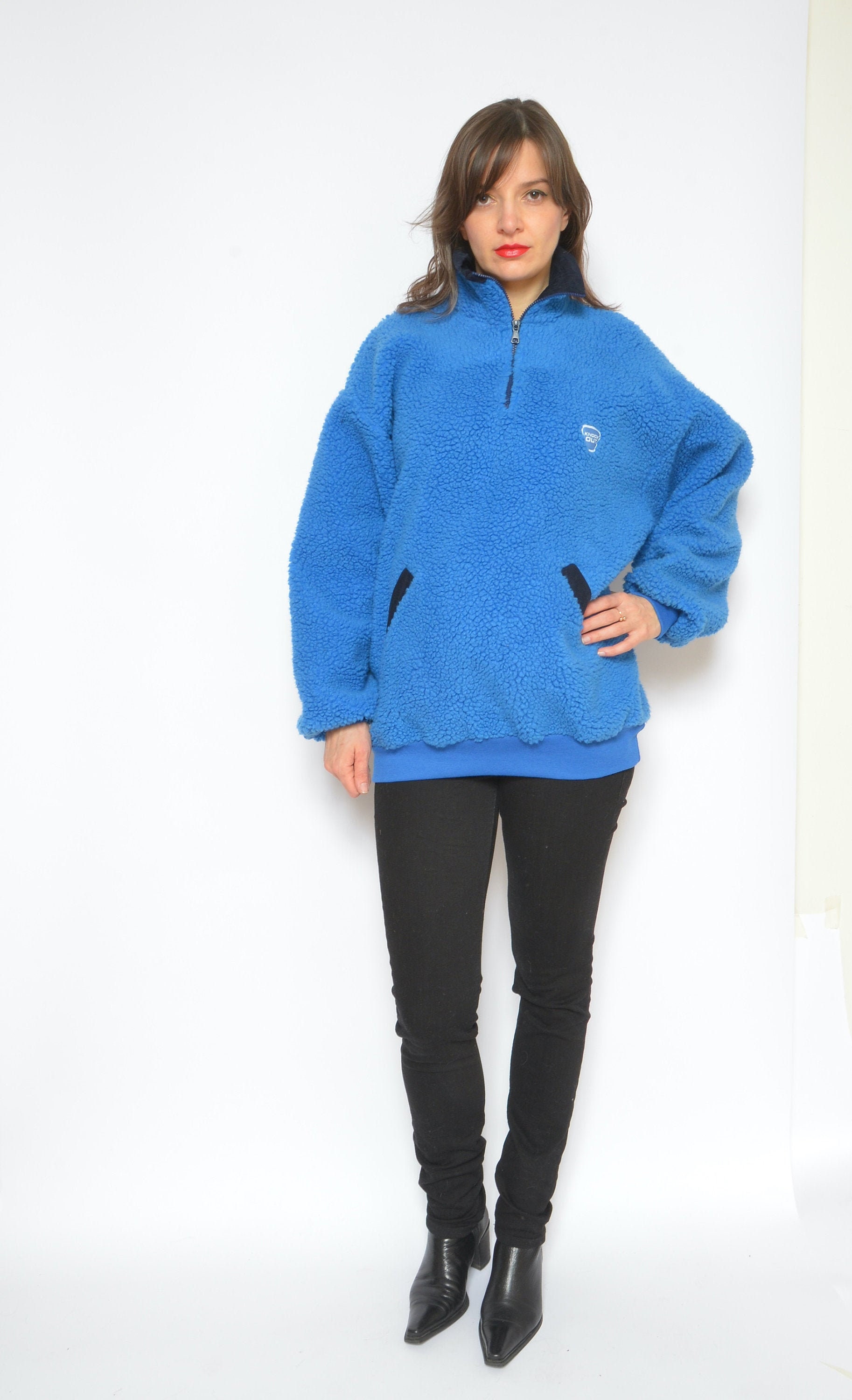 Vintage 80Er Jahre Kunstfell Fleece Pullover - Blauer Pullover, Grösse Medium von MikseStudio
