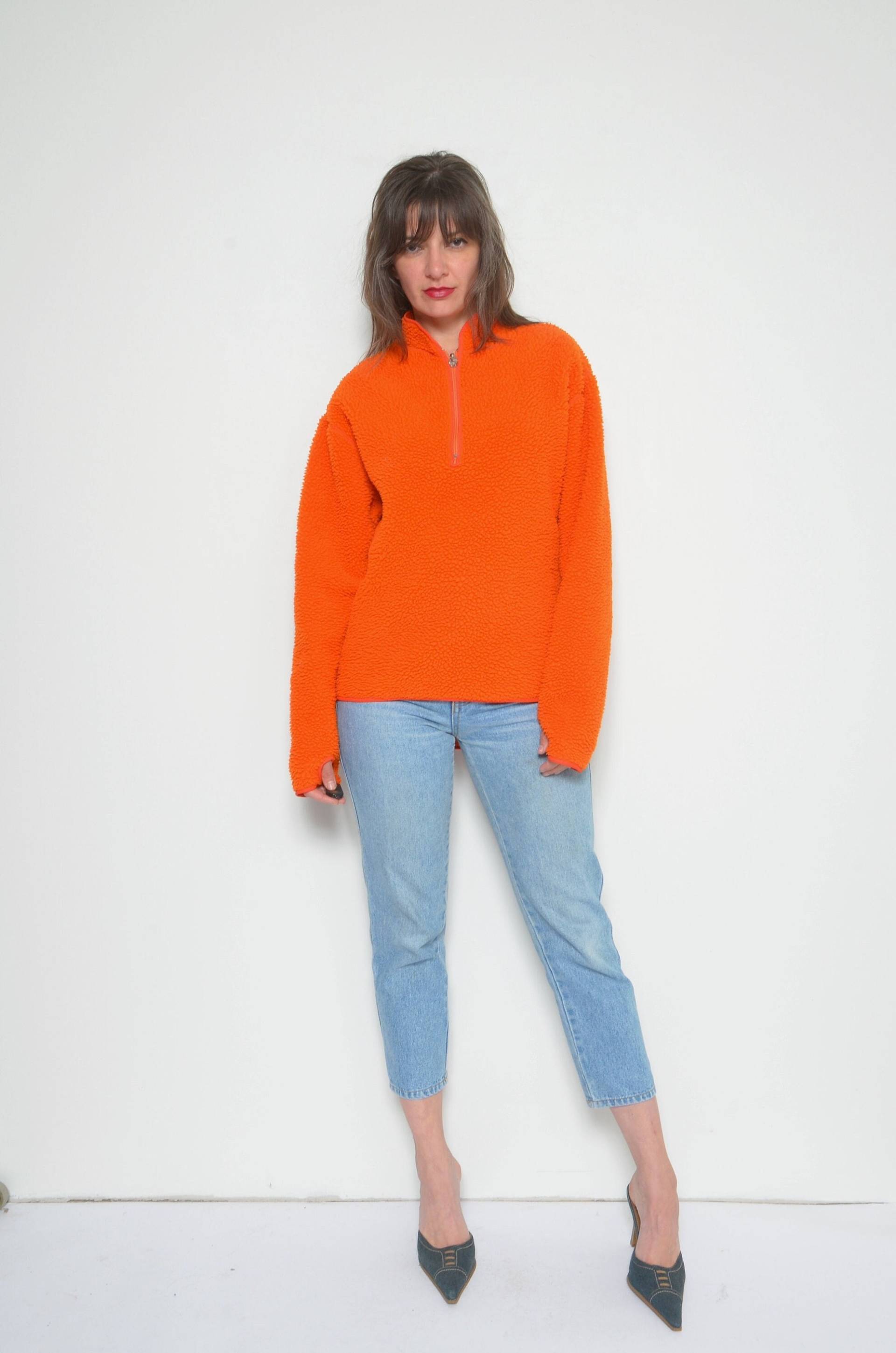 Vintage 80Er Jahre Kunstpelz Fleece Pullover Orangefarbener Pullover Mit Reißverschluss, Größe S von MikseStudio