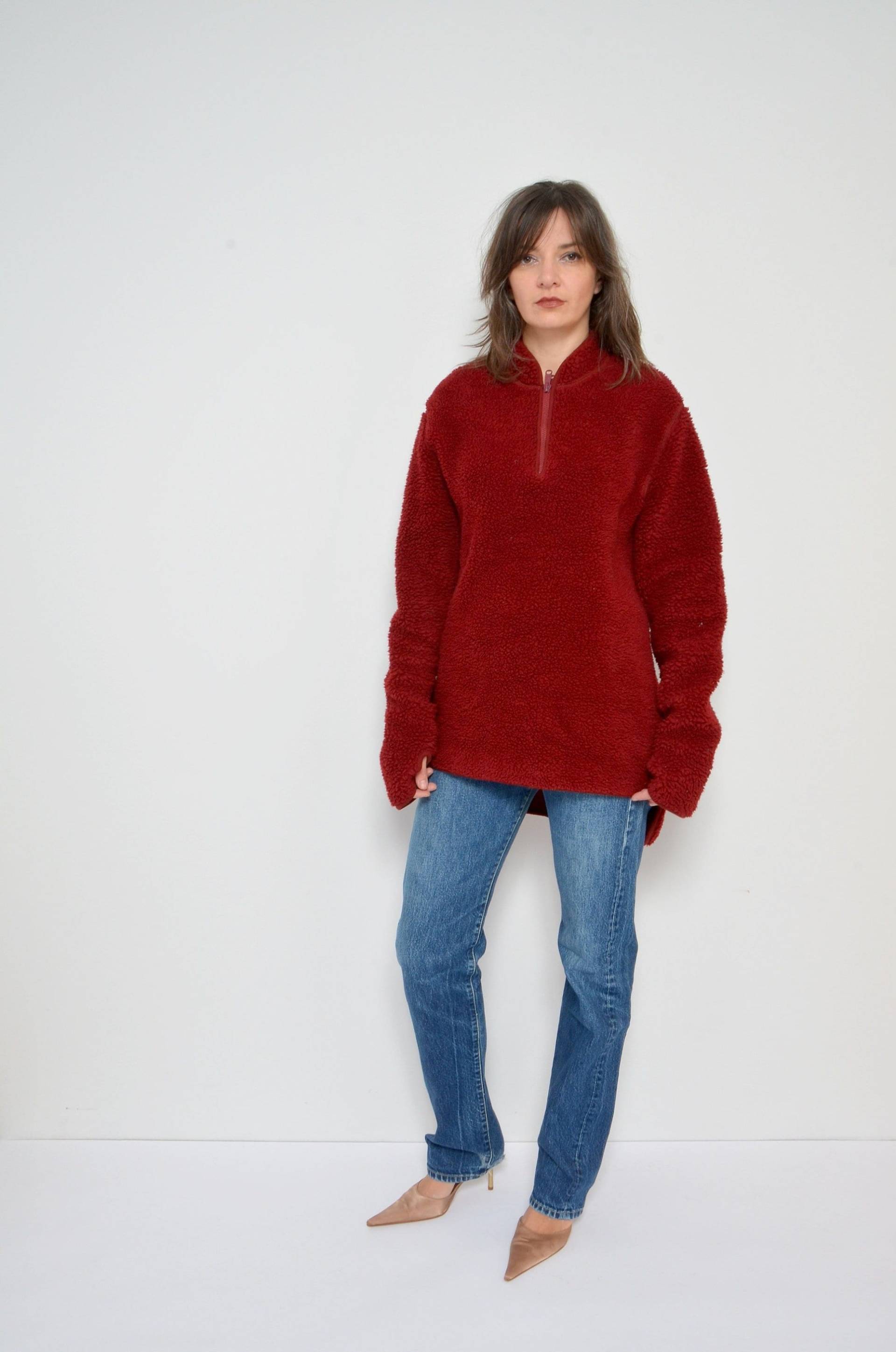 Vintage 80Er Jahre Kunstpelz Pullover Weinroter Fleece Pullover, Gr. L von MikseStudio