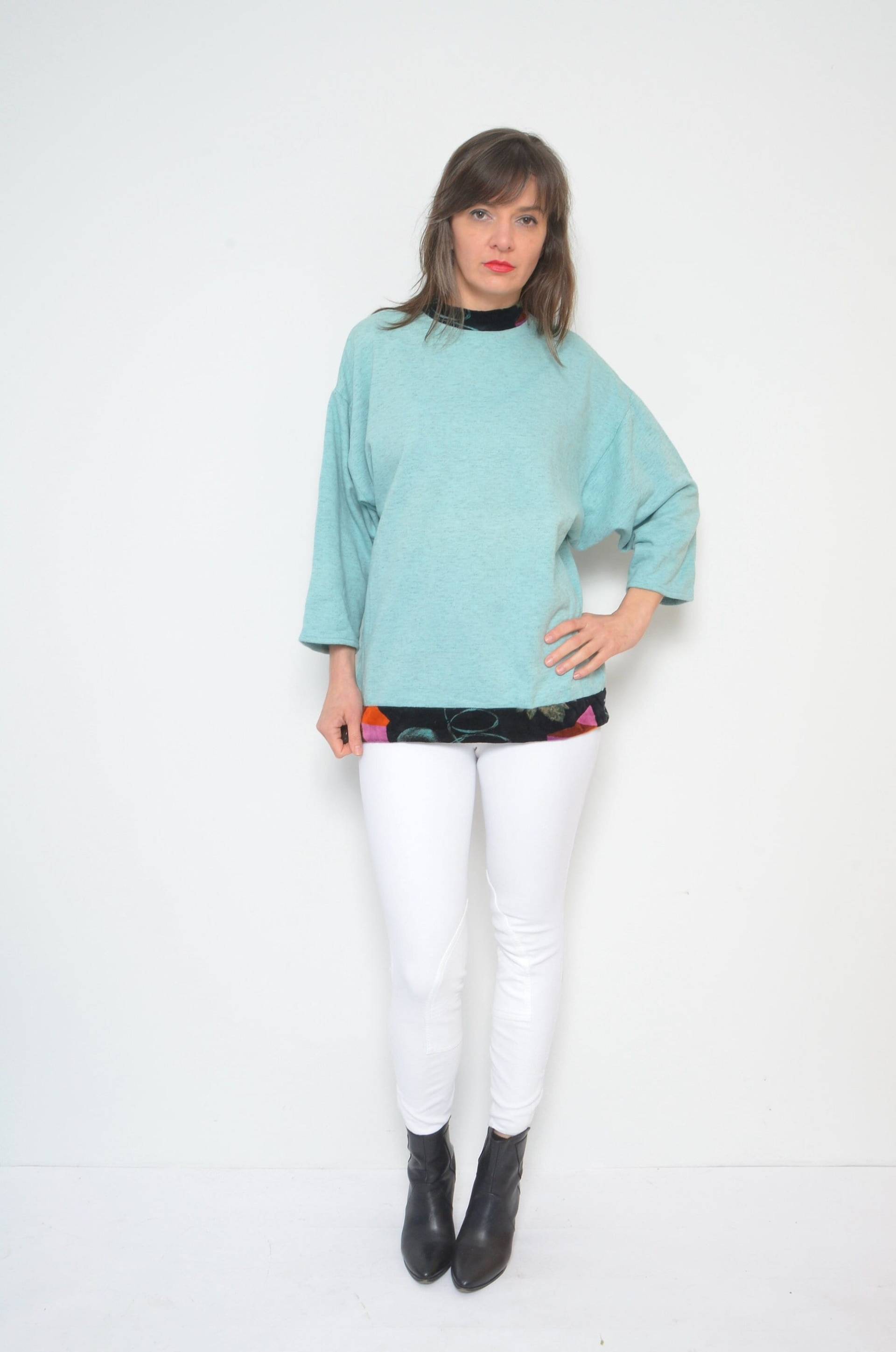 Vintage 80Er Jahre Mintgrünes Baumwoll Sweatshirt - Samtbesatz, Oversized Medium von MikseStudio