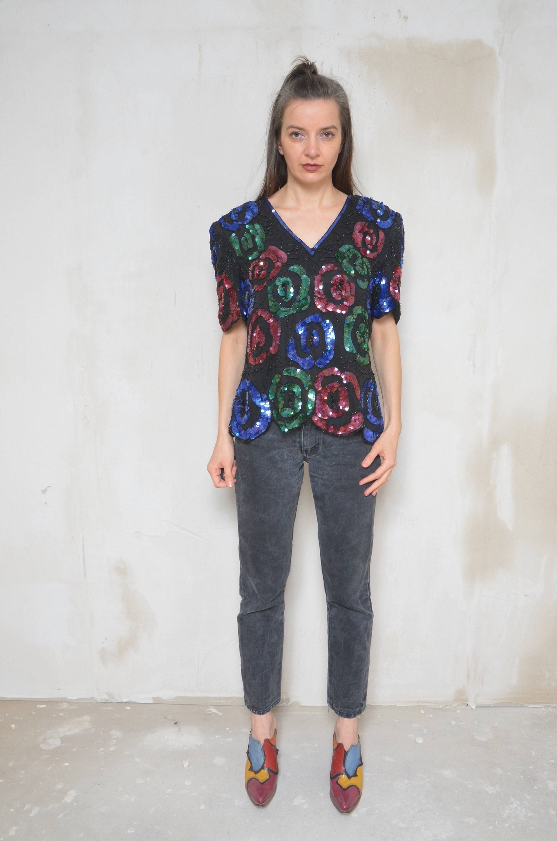 Vintage 80Er Jahre Pailletten Seidenbluse Besticktes Blumen Top, Grösse L von MikseStudio