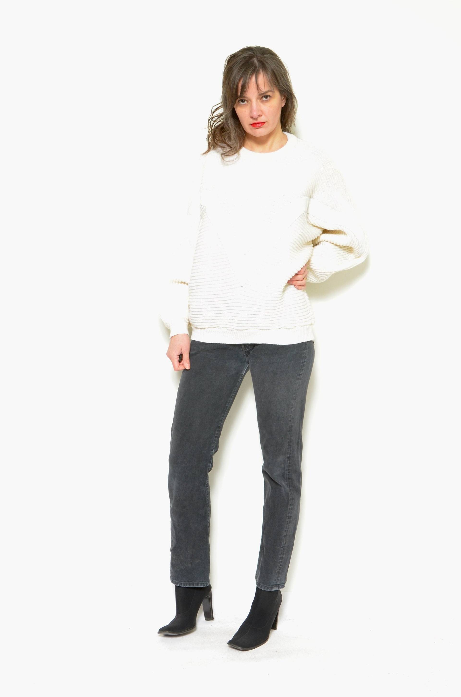 Vintage 80Er Jahre Pullover Aus Wolle Und Leder Mit Details/Fledermaus-Rippenpullover Von Gigi, Übergroßer Pullover, Größe Medium von MikseStudio