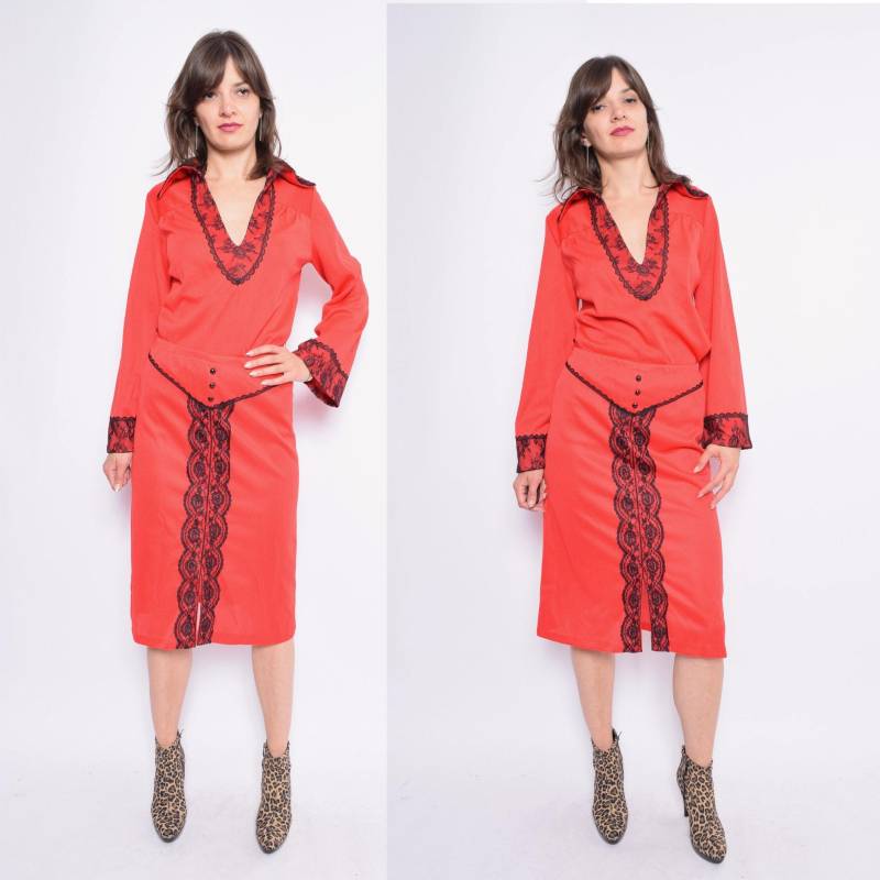 Vintage 80Er Jahre Rotes Spitzen Bluse Und Rock Set - Medium von MikseStudio