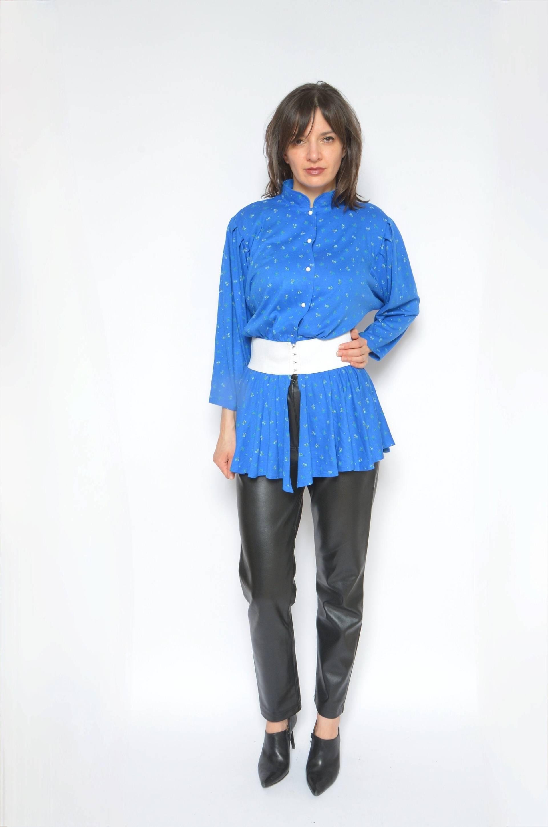 Vintage 80Er Jahre Schößchen Bluse Tailliertes Top Mit Blumenmuster, Gr. S von MikseStudio