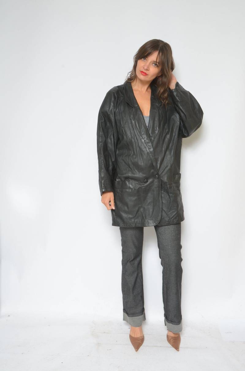 Vintage 80Er Jahre Schwarz Leder Oversized Blazer - Größe Medium von MikseStudio
