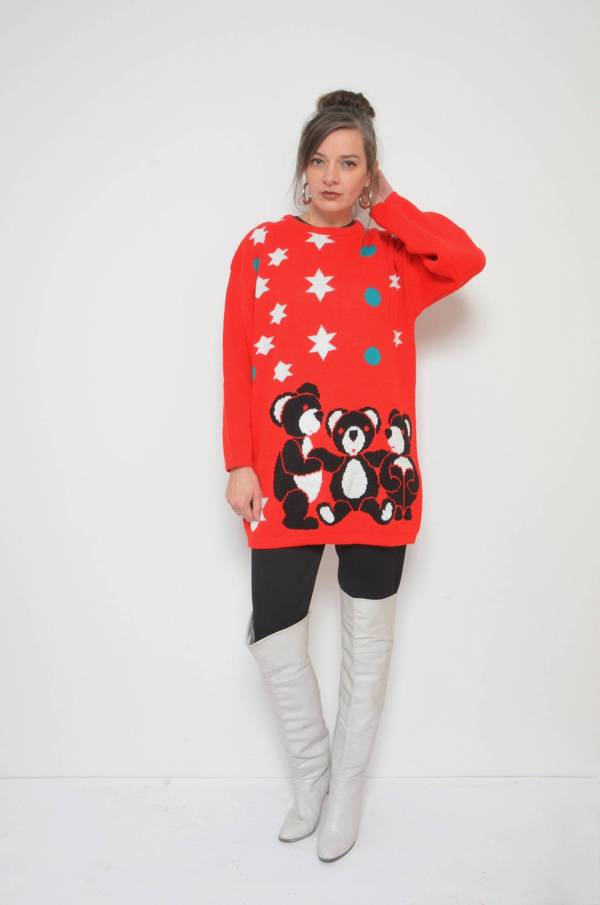 Vintage 80Er Jahre Teddy Bär Strick Kleid - Ugly Sweater Medium von MikseStudio