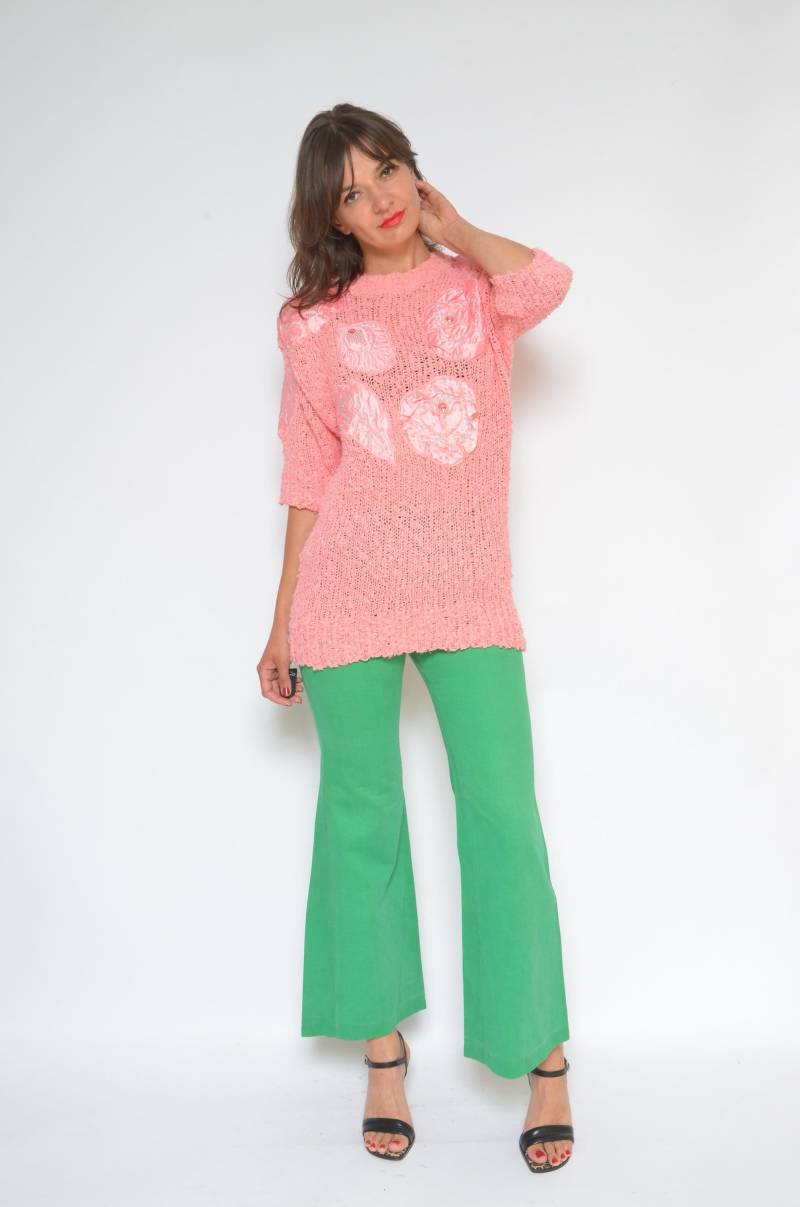 Vintage 80Er Jahre Verzierte Strickpullover - Rosa Pullover Mit Applikationen, Medium von MikseStudio