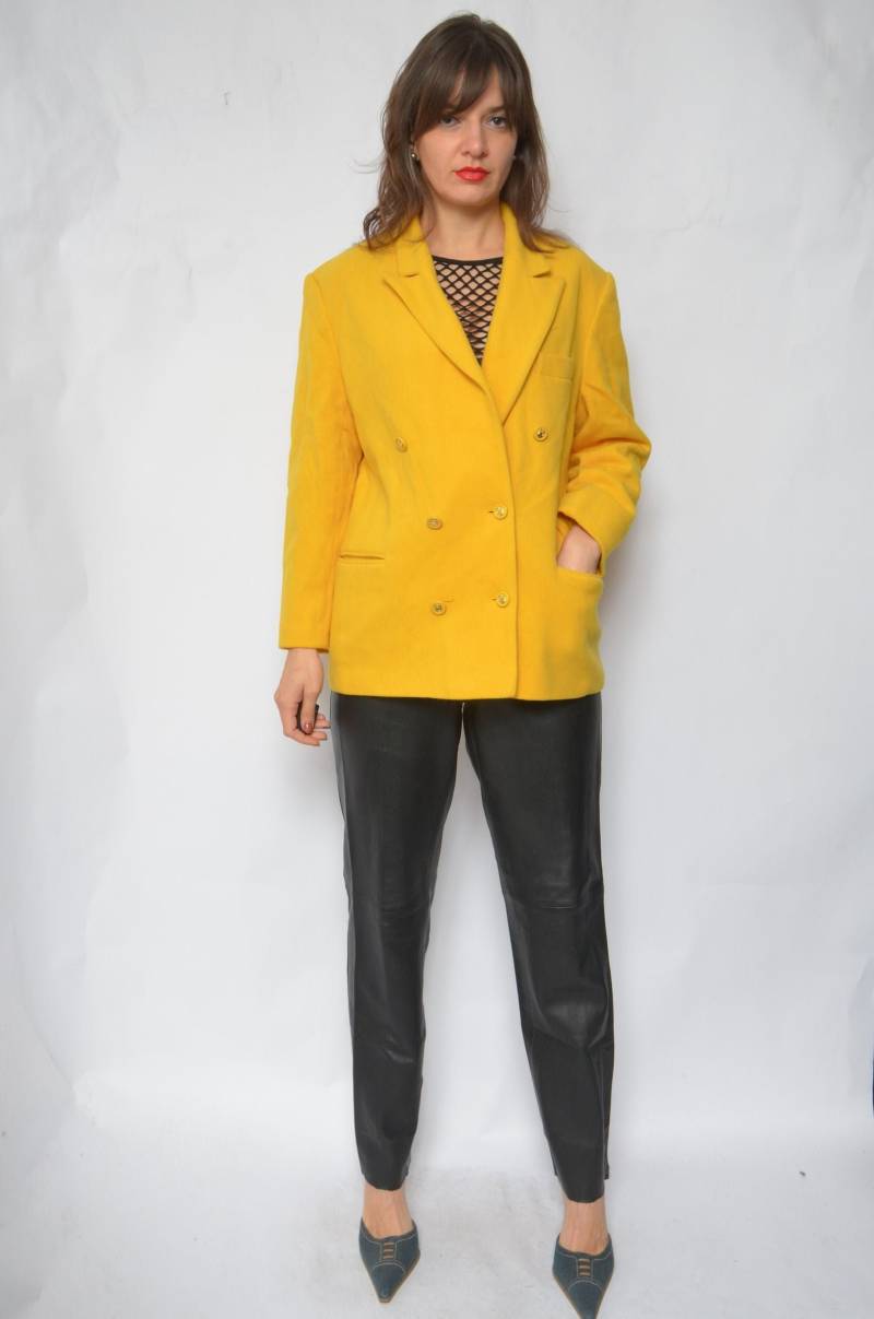 Vintage 80Er Jahre Woll Blazer/Winterjacke Mit Zitronengelben Taschen - Size Large 07 20 von MikseStudio