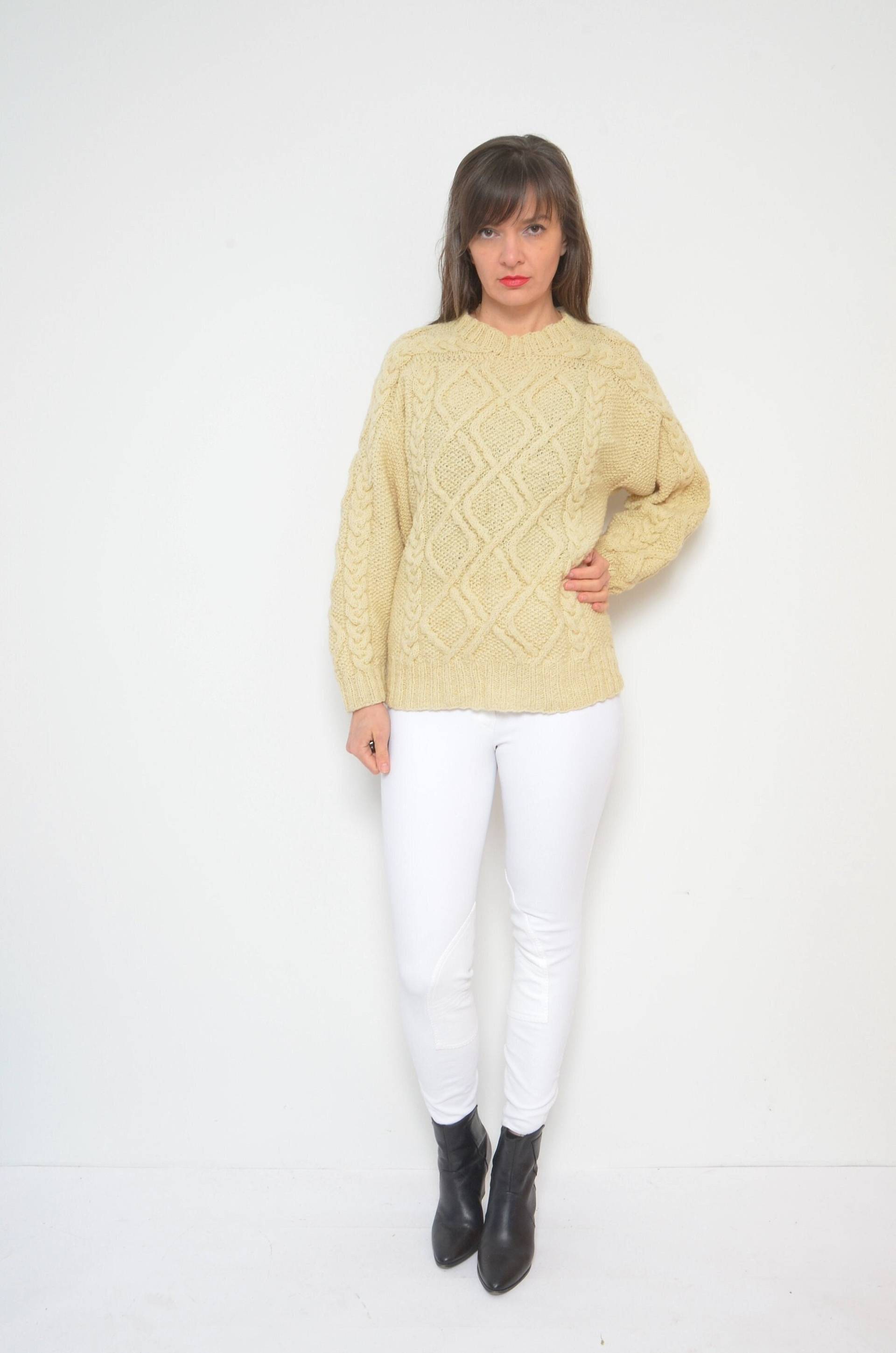 Vintage 80Er Jahre Zopfmuster Pullover Beige Zopfmuster, Größe S von MikseStudio