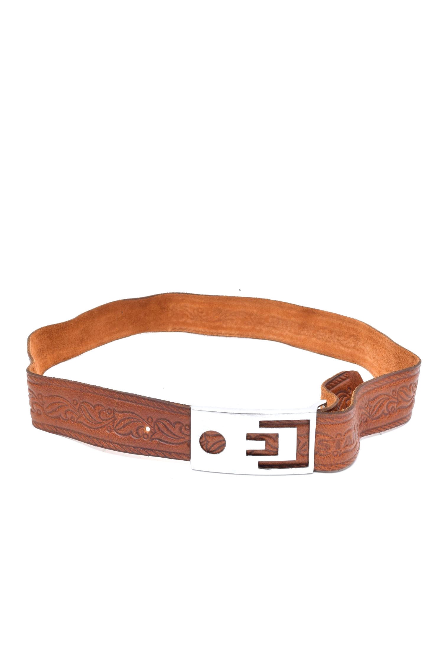 Vintage 90Er Brauner Leder Gürtel Mit Metall Schnalle Und Istanbul Prägung von MikseStudio