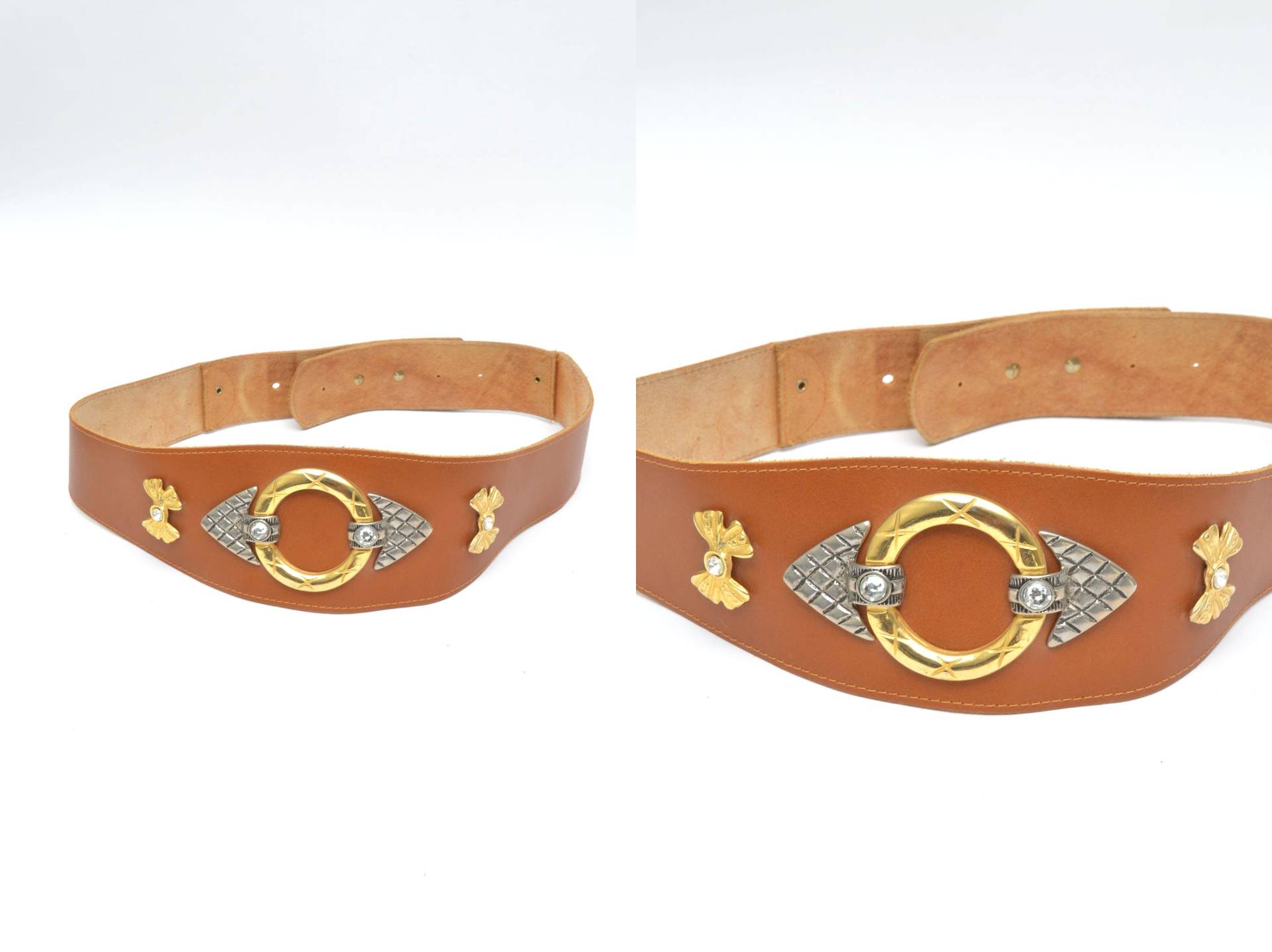 Vintage 90Er Breiter Brauner Leder Gürtel Mit Goldenen Metall Verzierungen Und Strasssteinen von MikseStudio