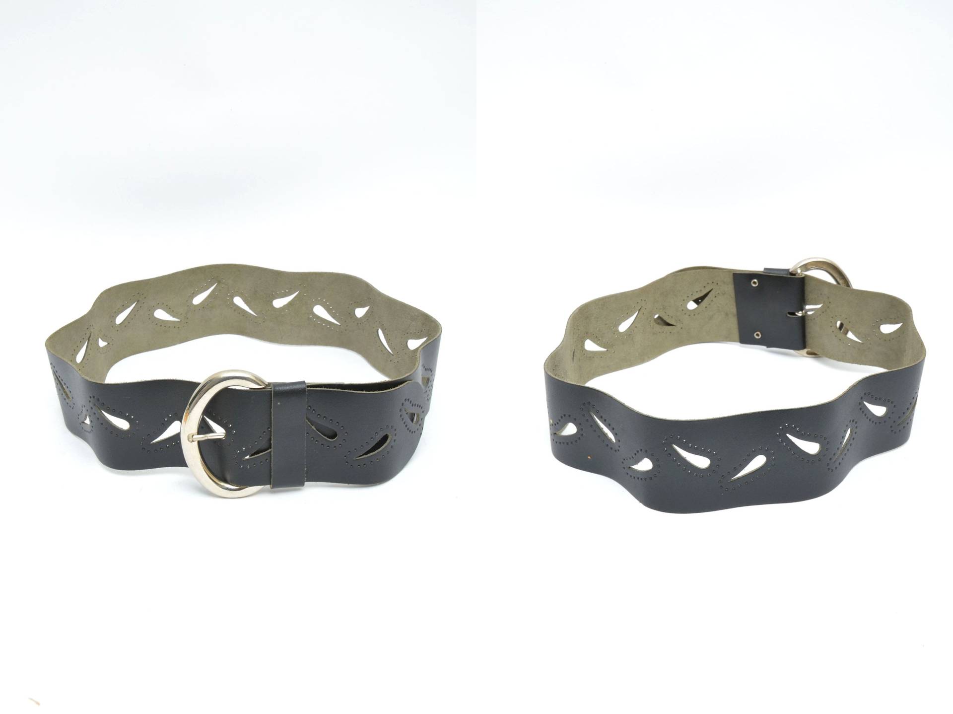 Vintage 90Er Breiter Schwarzer Echt Leder Gürtel Mit Großer Silber Schnalle Und Perforiertem Detail von MikseStudio