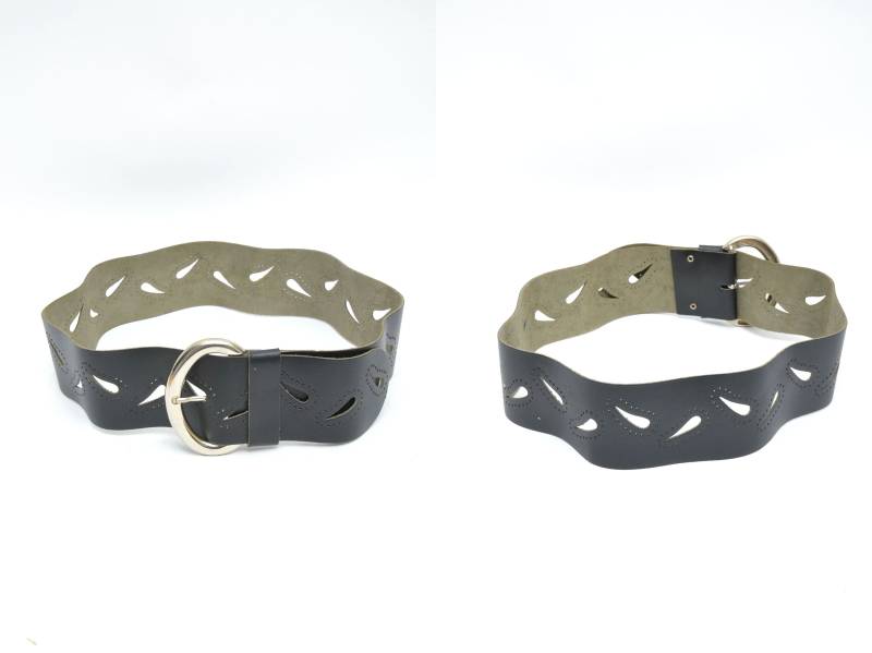 Vintage 90Er Breiter Schwarzer Echt Leder Gürtel Mit Großer Silber Schnalle Und Perforiertem Detail von MikseStudio