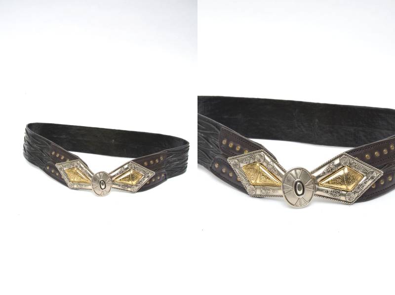 Vintage 90Er Breiter Schwarzer Leder Gürtel Mit Großer Silber Und Gold Schnalle von MikseStudio