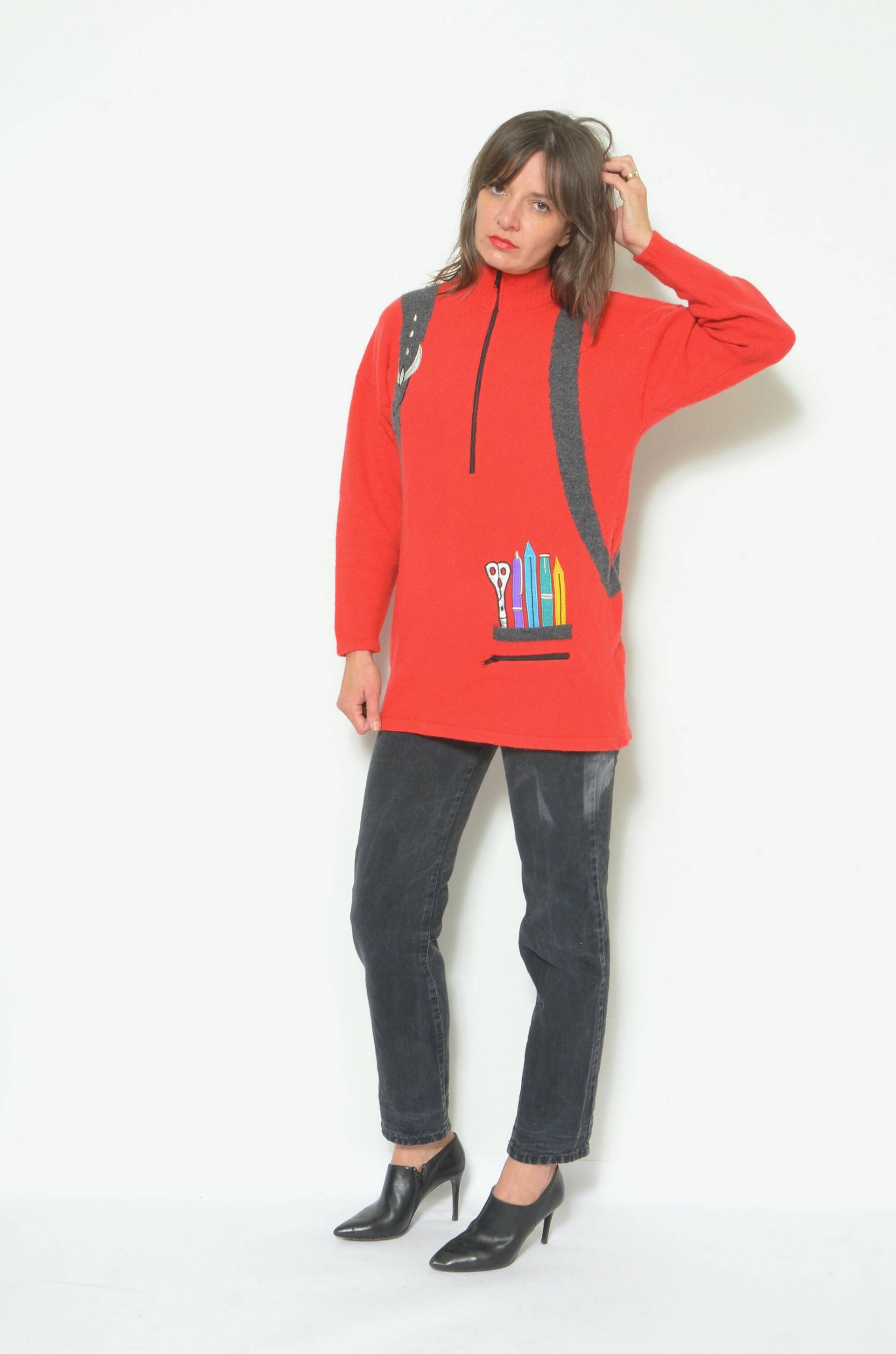 Vintage 90Er Jahre Angora Wolle Zipper Sweater - Mock Neck Pencil Pattern, Size Medium von MikseStudio