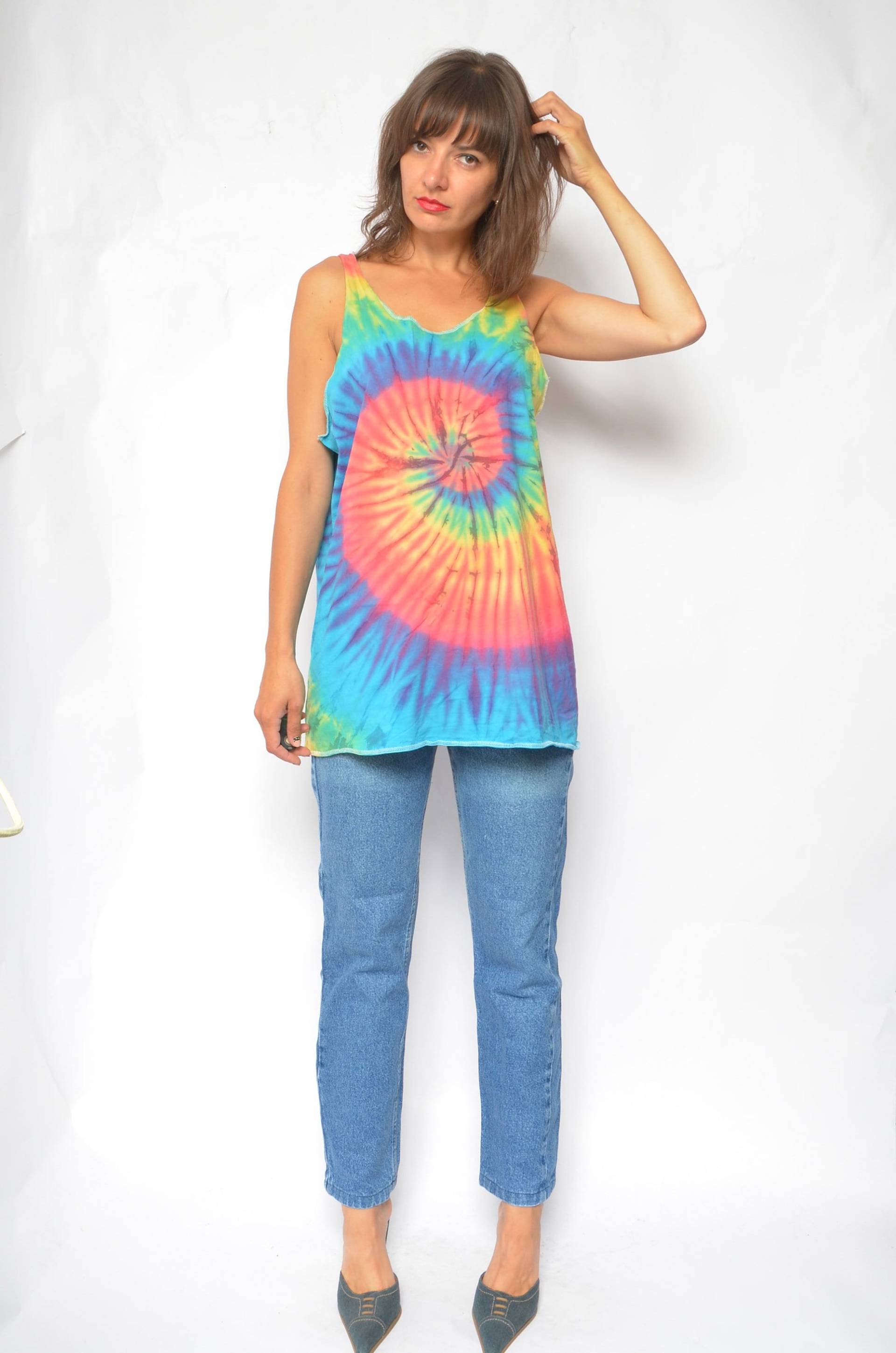 Vintage 90Er Jahre Batik Tank Top Regenbogen Ärmelloses Shirt, Xl von MikseStudio