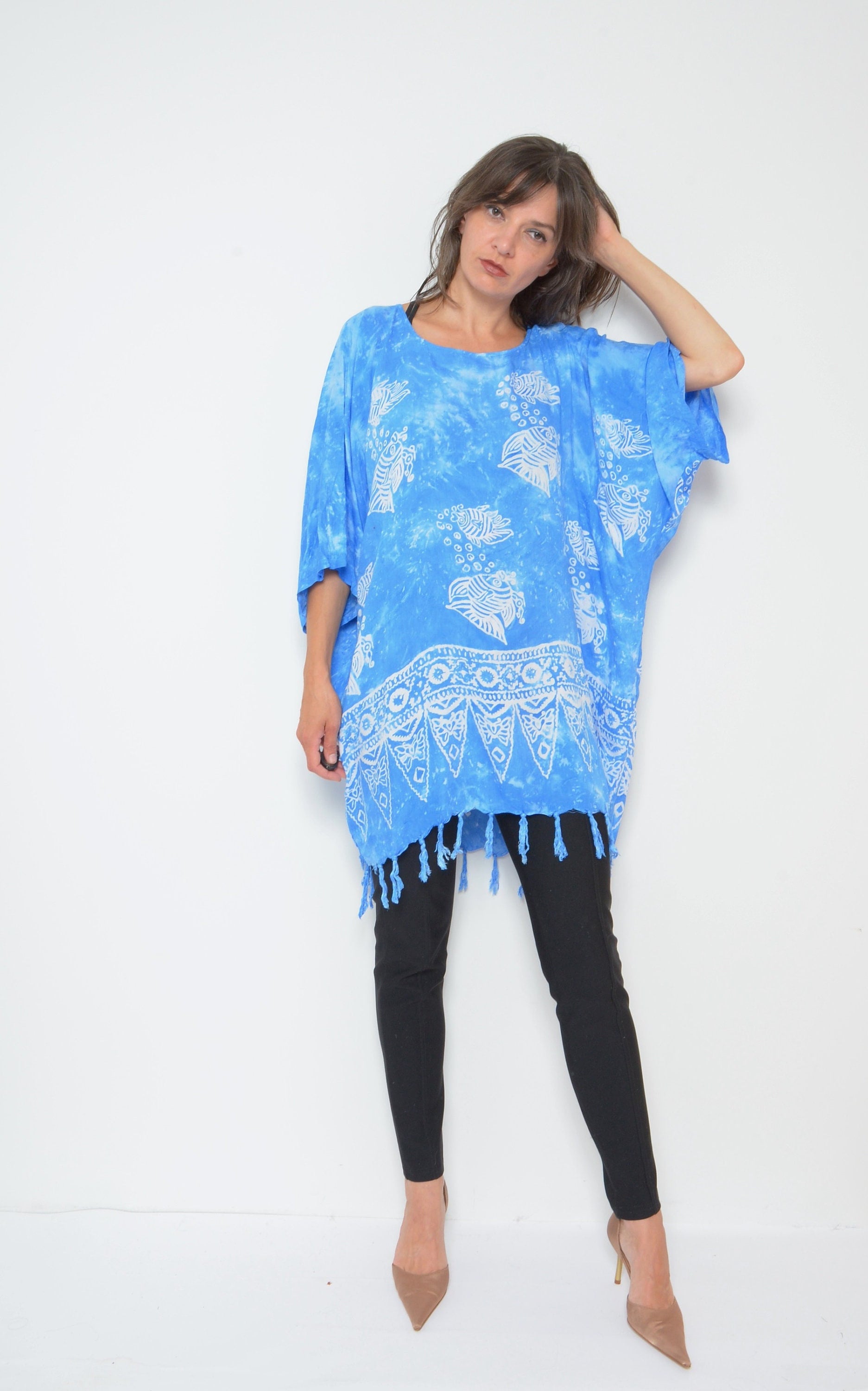 Vintage 90Er Jahre Batik Tunika Kleid Fisch Muster Baumwolle Strand Cover-Up von MikseStudio