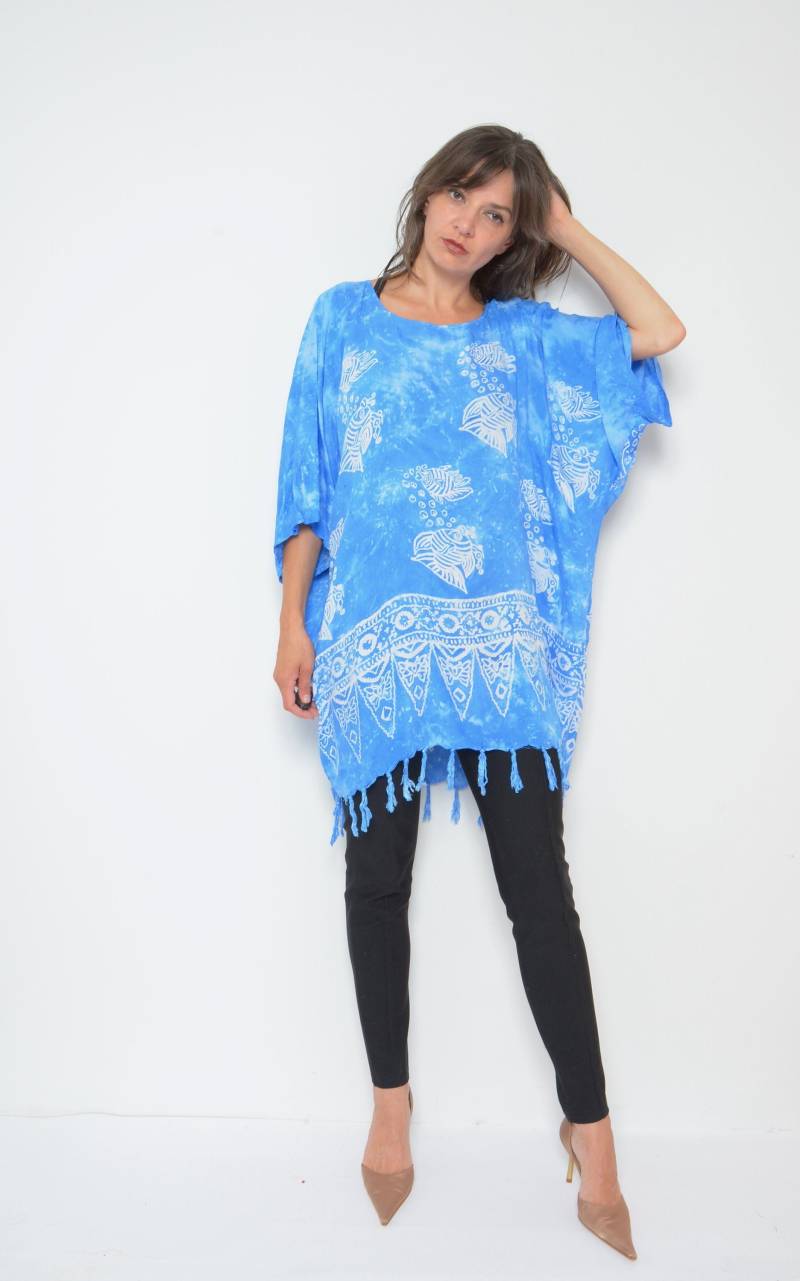 Vintage 90Er Jahre Batik Tunika Kleid Fisch Muster Baumwolle Strand Cover-Up von MikseStudio