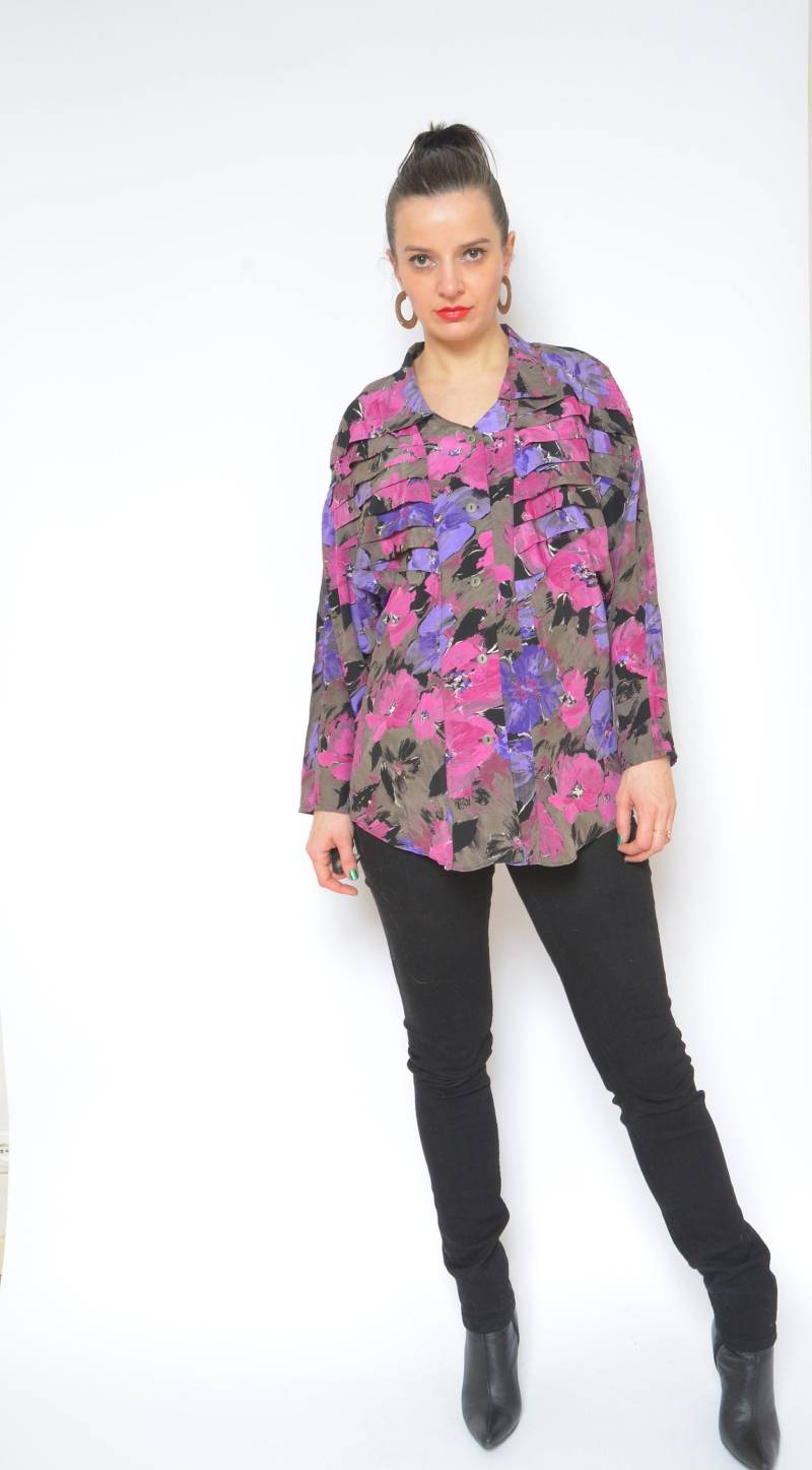 Vintage 90Er Jahre Bluse/Blumen Mit Print Buntes Top von MikseStudio